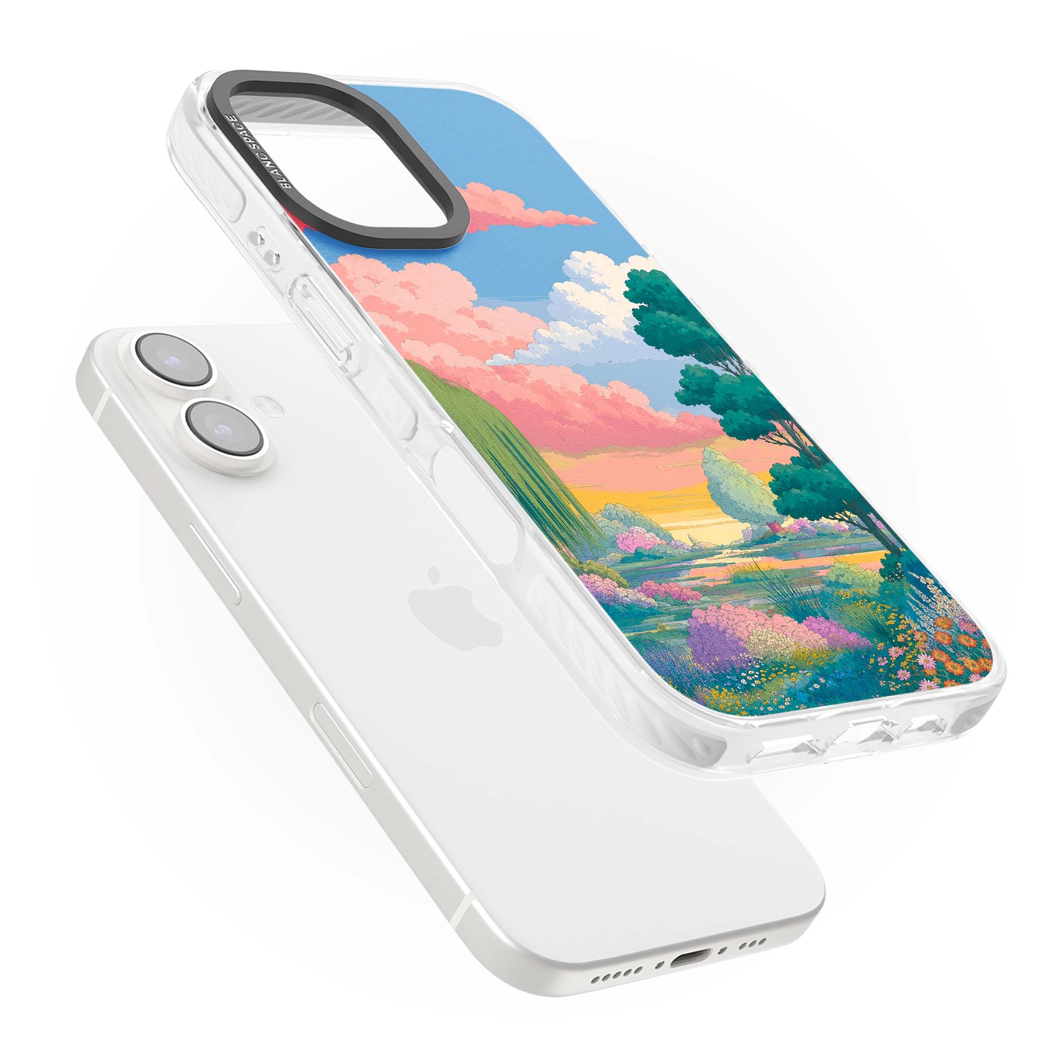Dream Valley anime landscape iPhone case featuring pink sunset clouds, willow trees and wildflowers | Impact Magsafe case for iPhone 16, iPhone 16 Plus