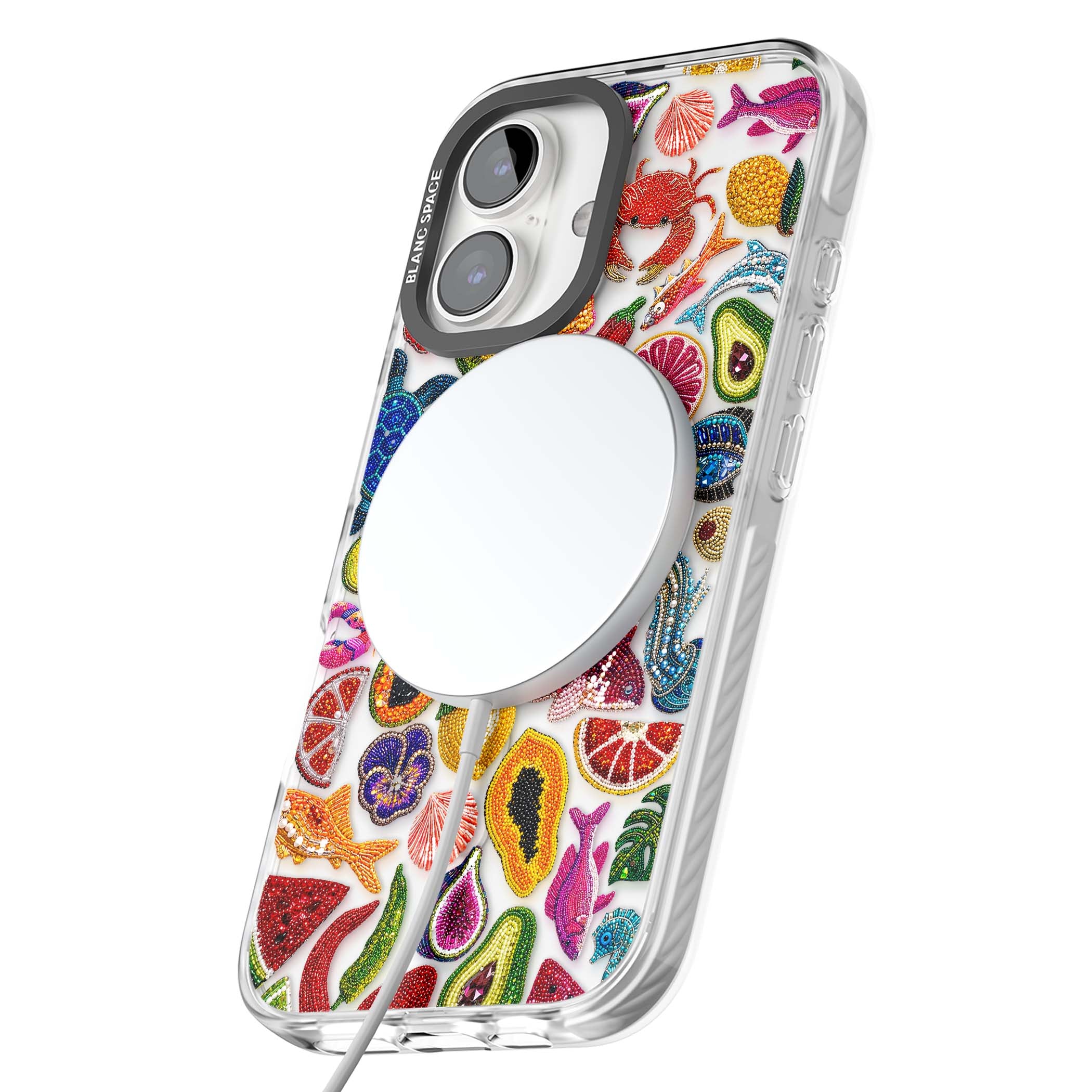 Beaded Tropic tropical iPhone case featuring beaded fruit, fish, crabs and seashells in vibrant colour | Impact Magsafe case for iPhone 16, iPhone 16 Plus