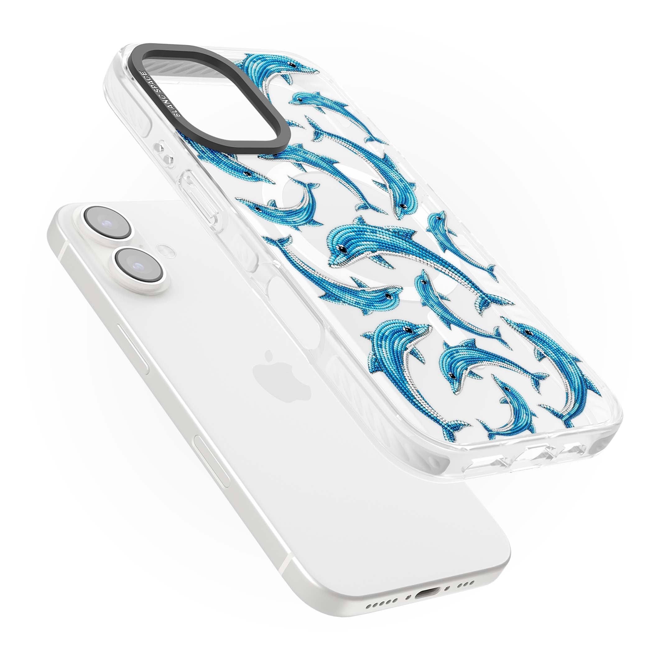 Beaded Dolphins coastal iPhone case featuring beaded dolphins in blue and white swimming across a clear background | Impact Magsafe case for iPhone 16, iPhone 16 Plus