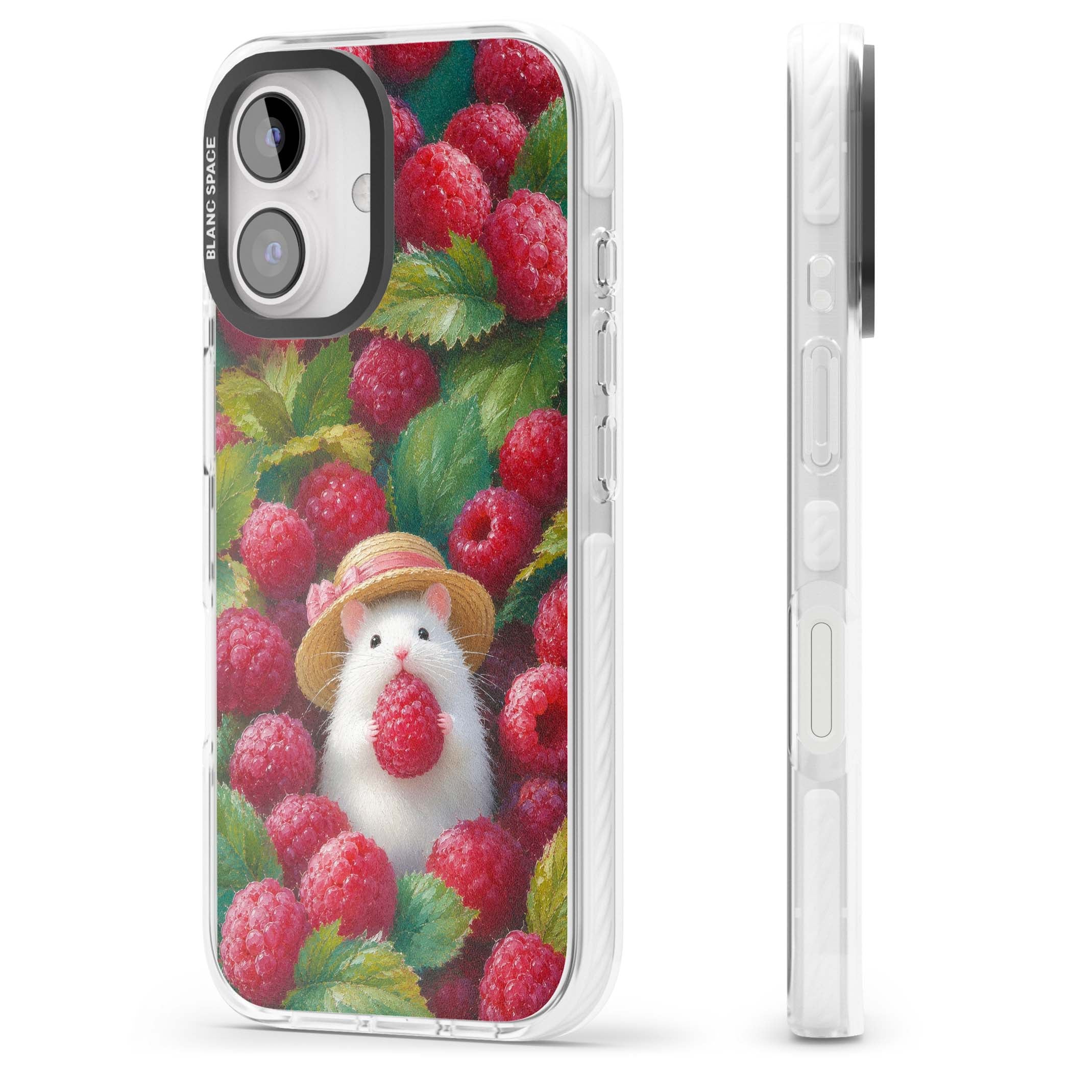 Berry Forager cottagecore iPhone case featuring a white hamster in a straw hat holding a raspberry surrounded by ripe ber | Impact Magsafe case for iPhone 16, iPhone 16 Plus