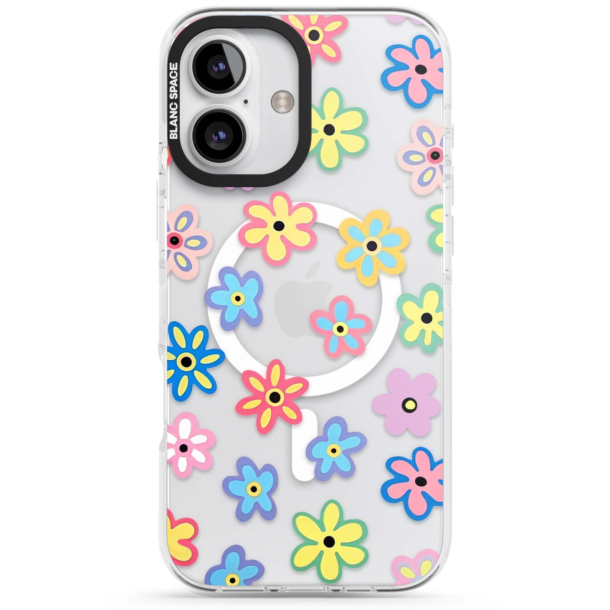 Bloom Pop cottagecore iPhone case featuring multicolor pastel flowers with black centers on clear background | Impact Magsafe case for iPhone 16, iPhone 16 Plus