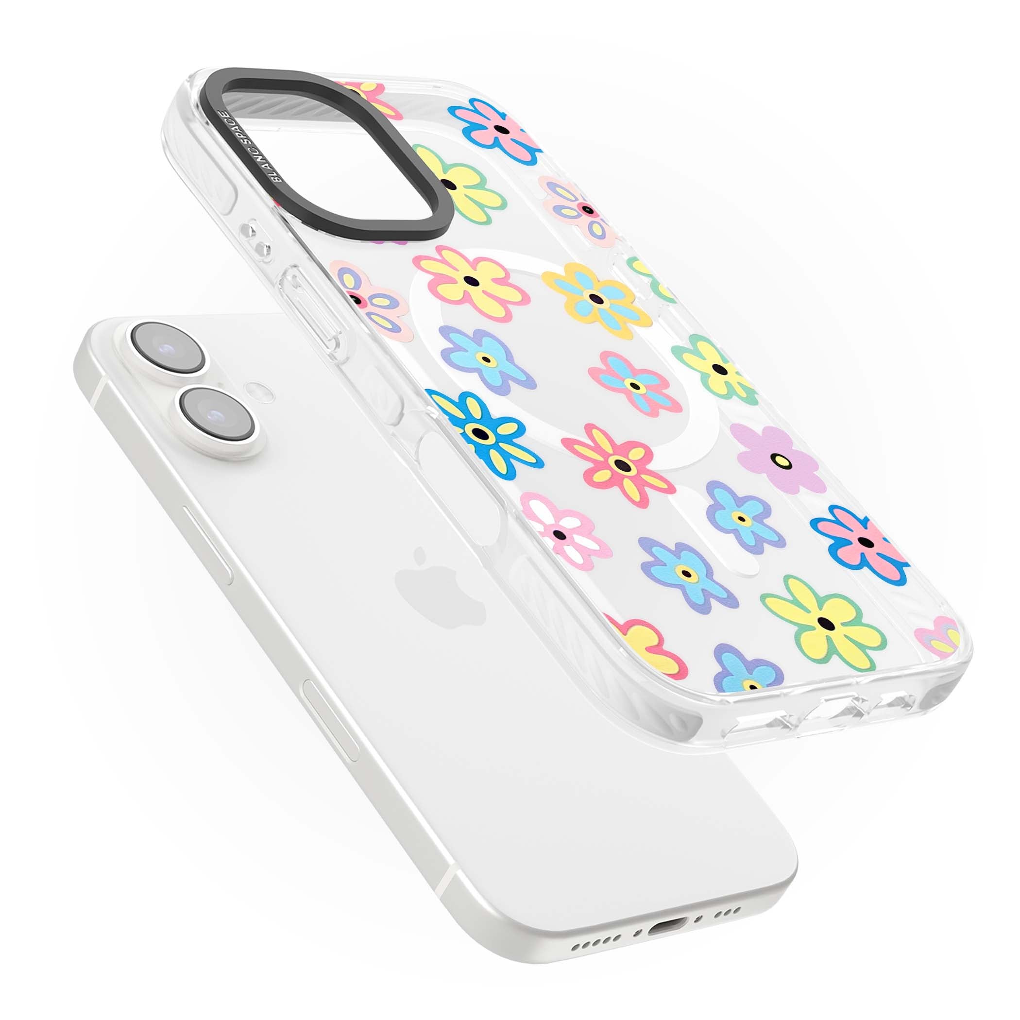 Bloom Pop cottagecore iPhone case featuring multicolor pastel flowers with black centers on clear background | Impact Magsafe case for iPhone 16, iPhone 16 Plus