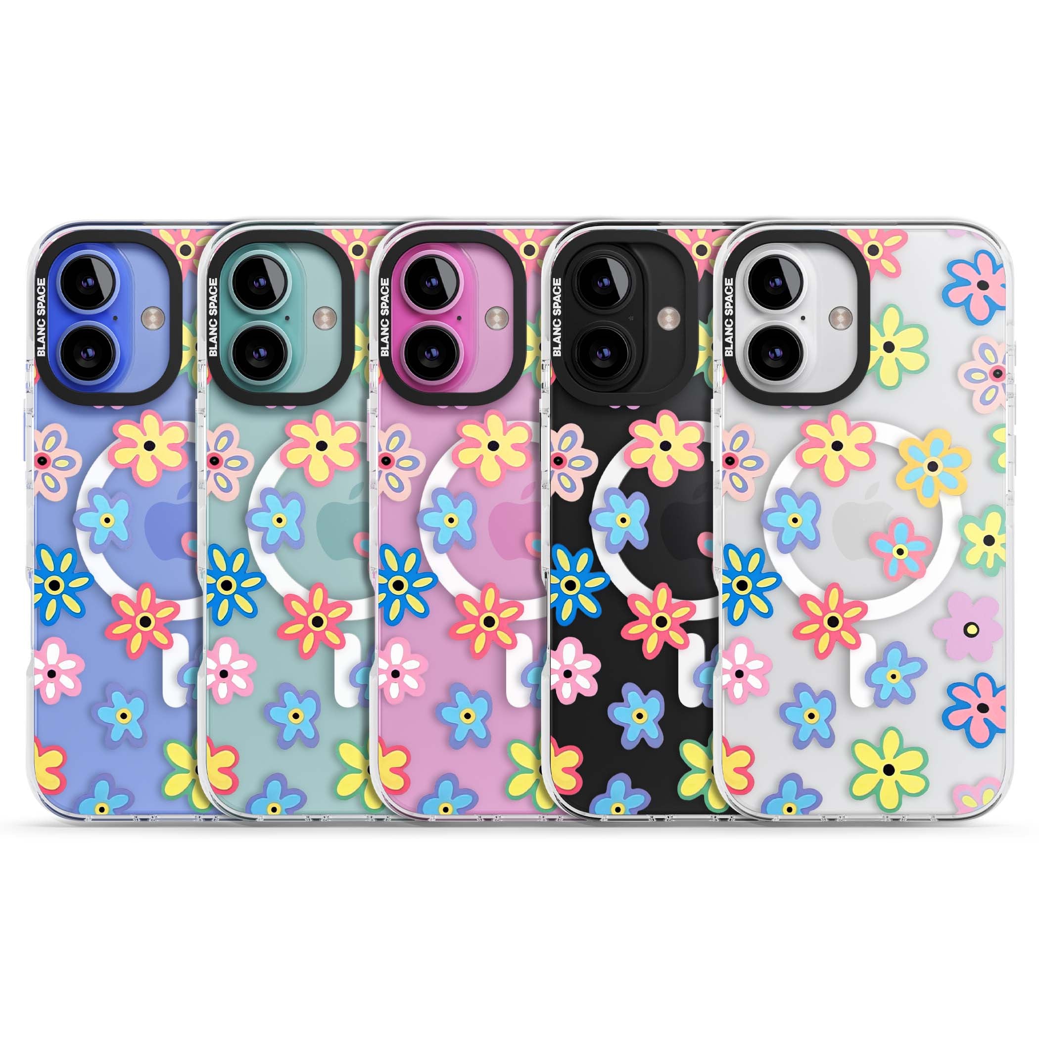 Bloom Pop cottagecore iPhone case featuring multicolor pastel flowers with black centers on clear background | Impact Magsafe case for iPhone 16, iPhone 16 Plus