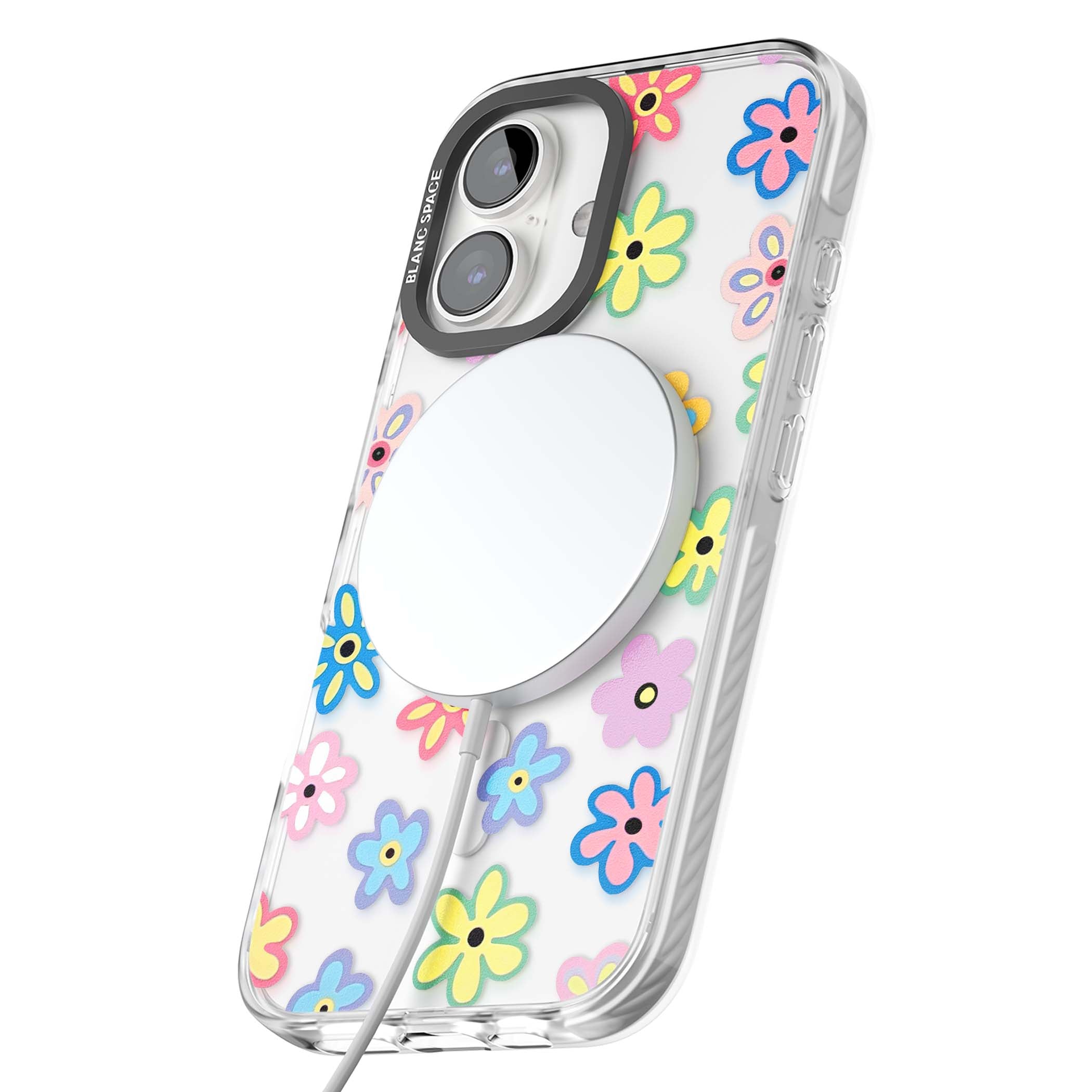 Bloom Pop cottagecore iPhone case featuring multicolor pastel flowers with black centers on clear background | Impact Magsafe case for iPhone 16, iPhone 16 Plus
