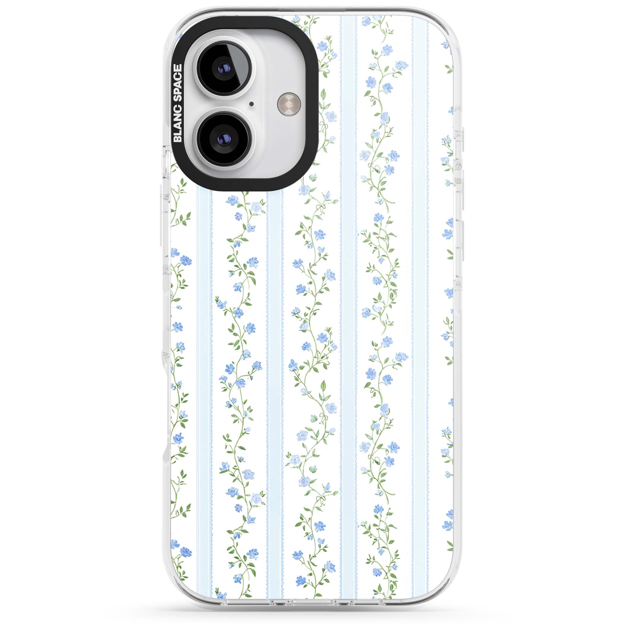 Bluebell Vine cottagecore iPhone case featuring climbing blue roses, trailing green vines, and pale ticking stripes | Impact Magsafe case for iPhone 16, iPhone 16 Plus