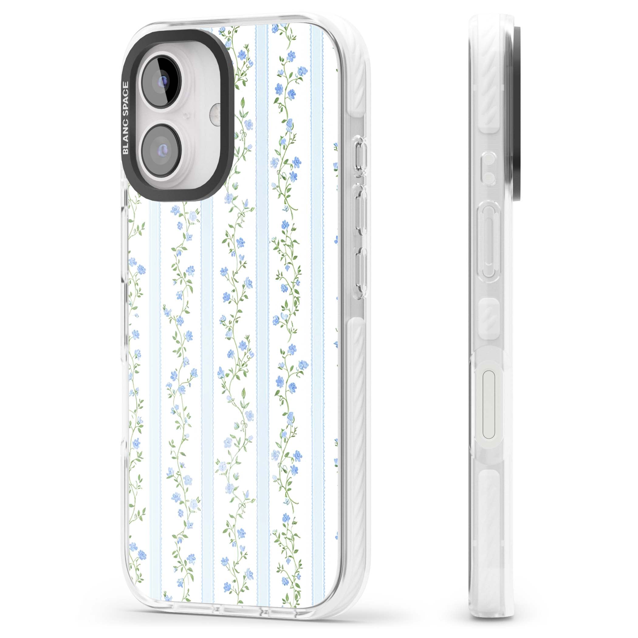 Bluebell Vine cottagecore iPhone case featuring climbing blue roses, trailing green vines, and pale ticking stripes | Impact Magsafe case for iPhone 16, iPhone 16 Plus