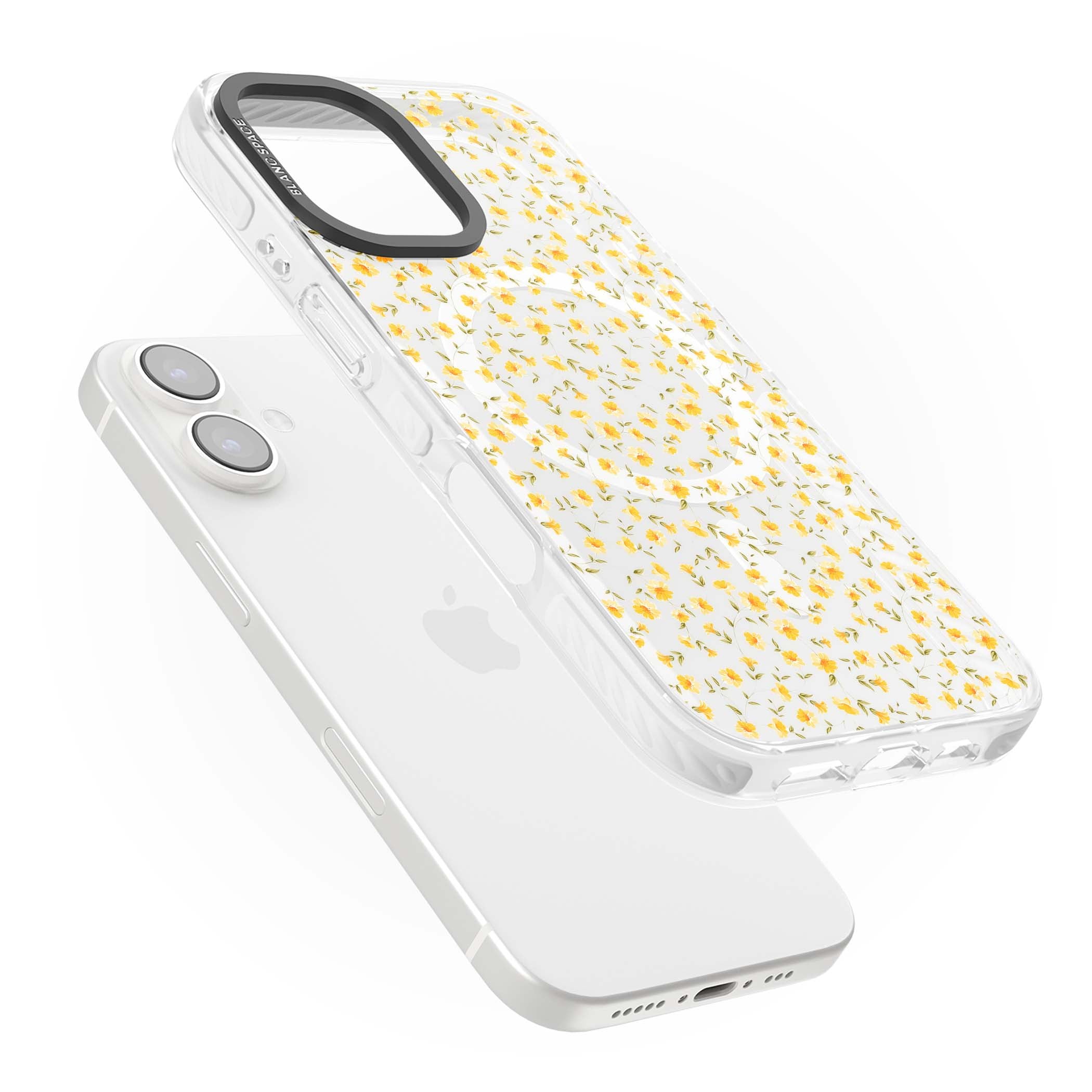 Buttercup wildflower iPhone case featuring tiny yellow flowers and trailing green vines on clear | Impact Magsafe case for iPhone 16, iPhone 16 Plus