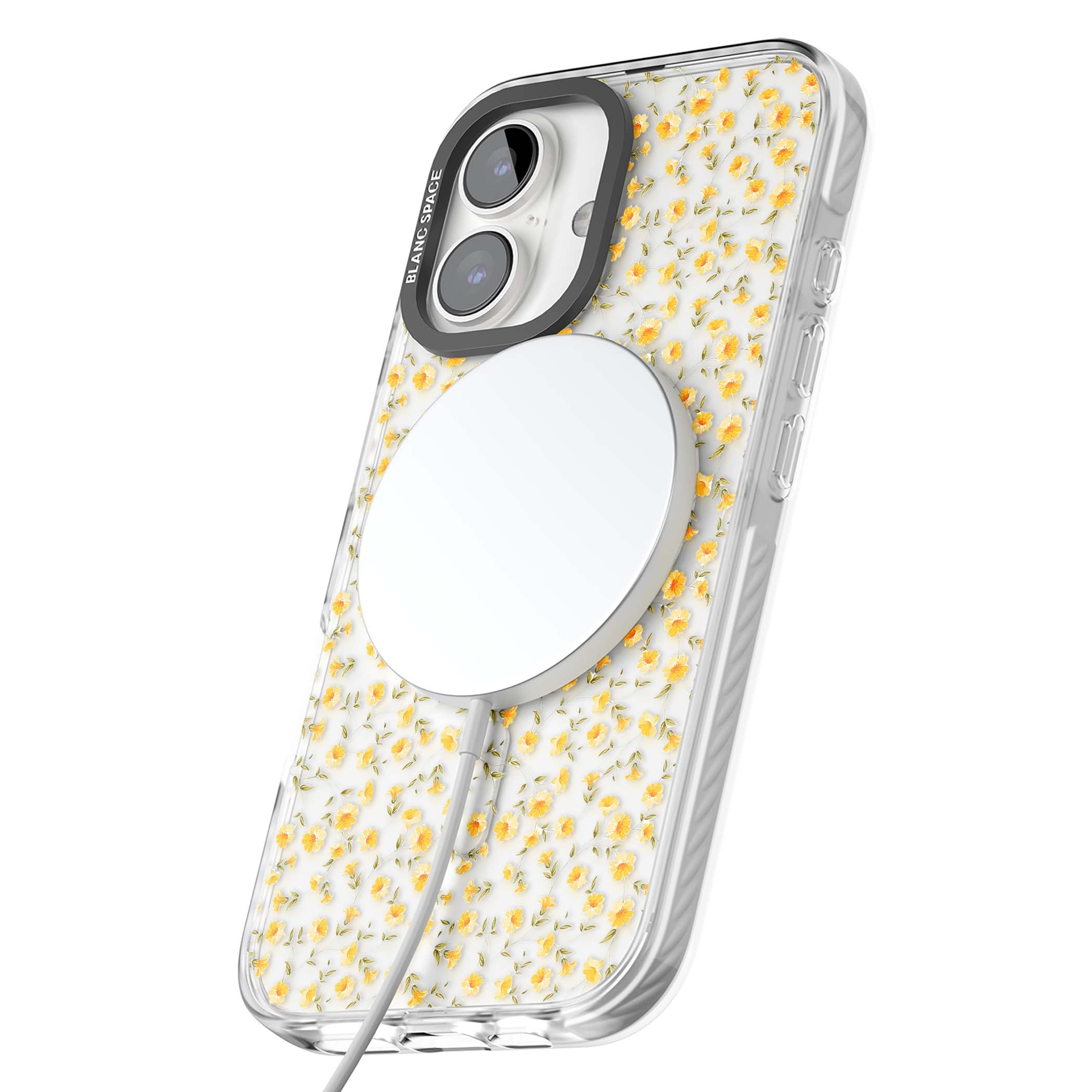 Buttercup wildflower iPhone case featuring tiny yellow flowers and trailing green vines on clear | Impact Magsafe case for iPhone 16, iPhone 16 Plus