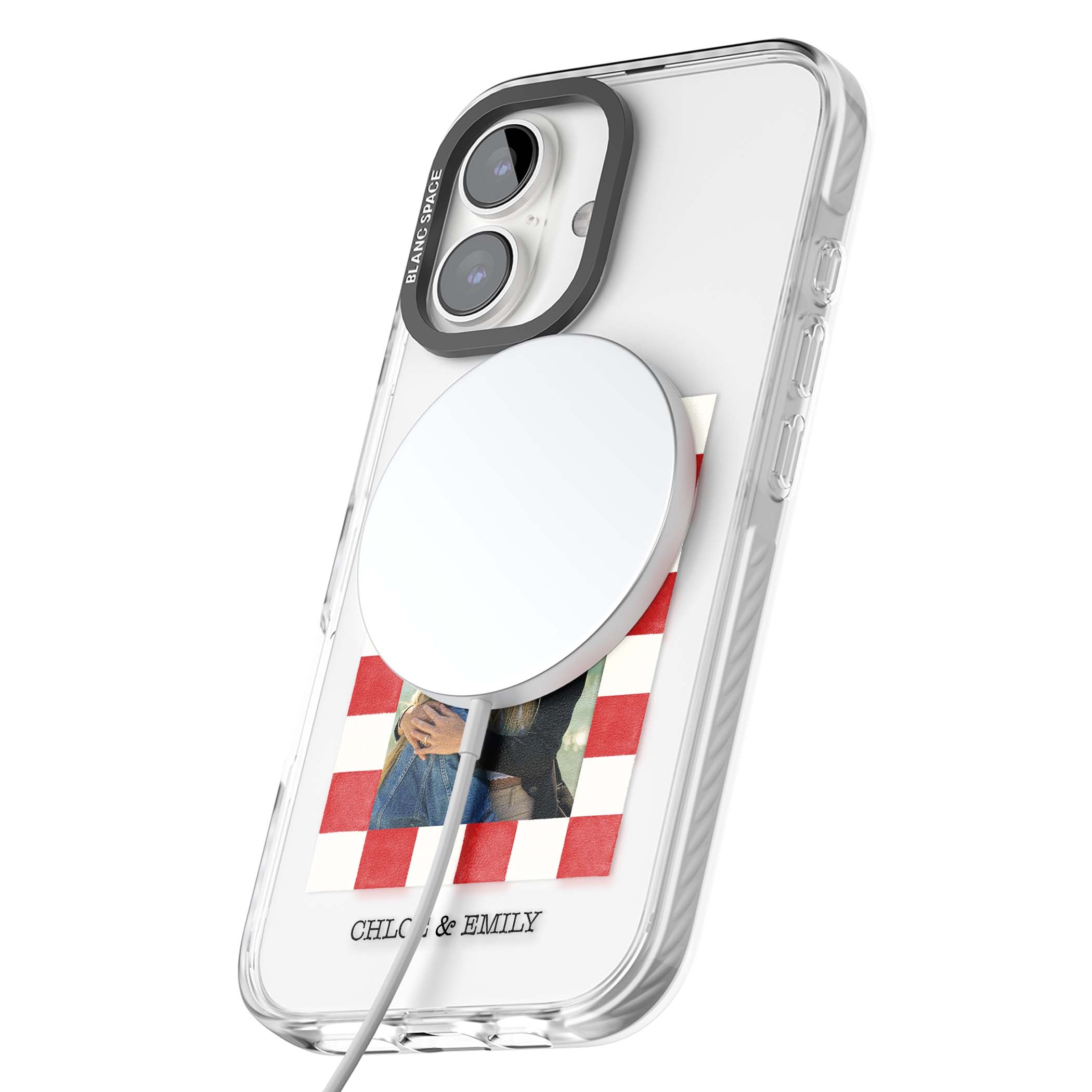 Red Check Photo personalised photo iPhone case with red and white checkered polaroid frame and custom couple name | Impact Magsafe case for iPhone 16, iPhone 16 Plus