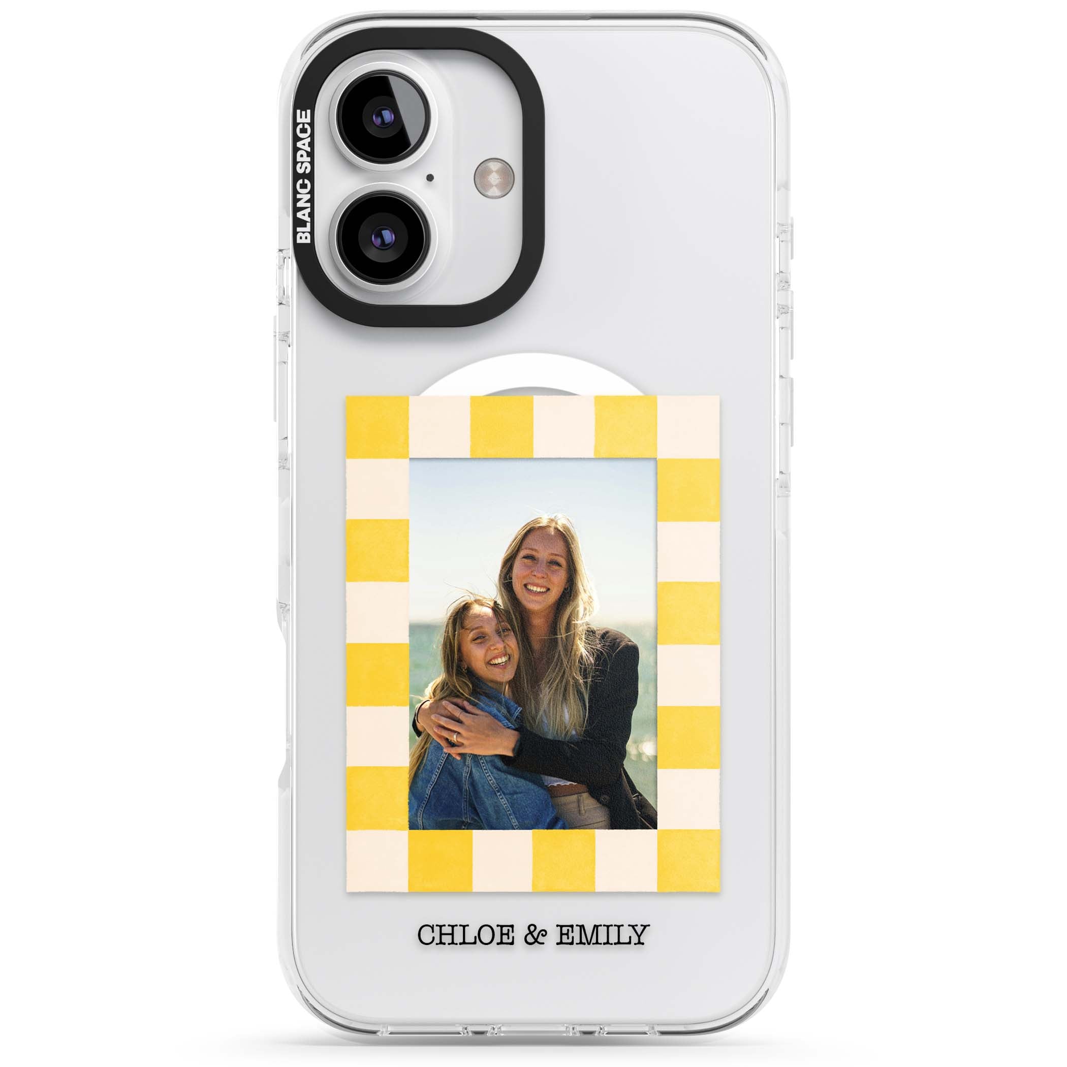 Yellow Check Photo personalised iPhone case with yellow checkered Polaroid frame and custom names beneath | Impact Magsafe case for iPhone 16, iPhone 16 Plus