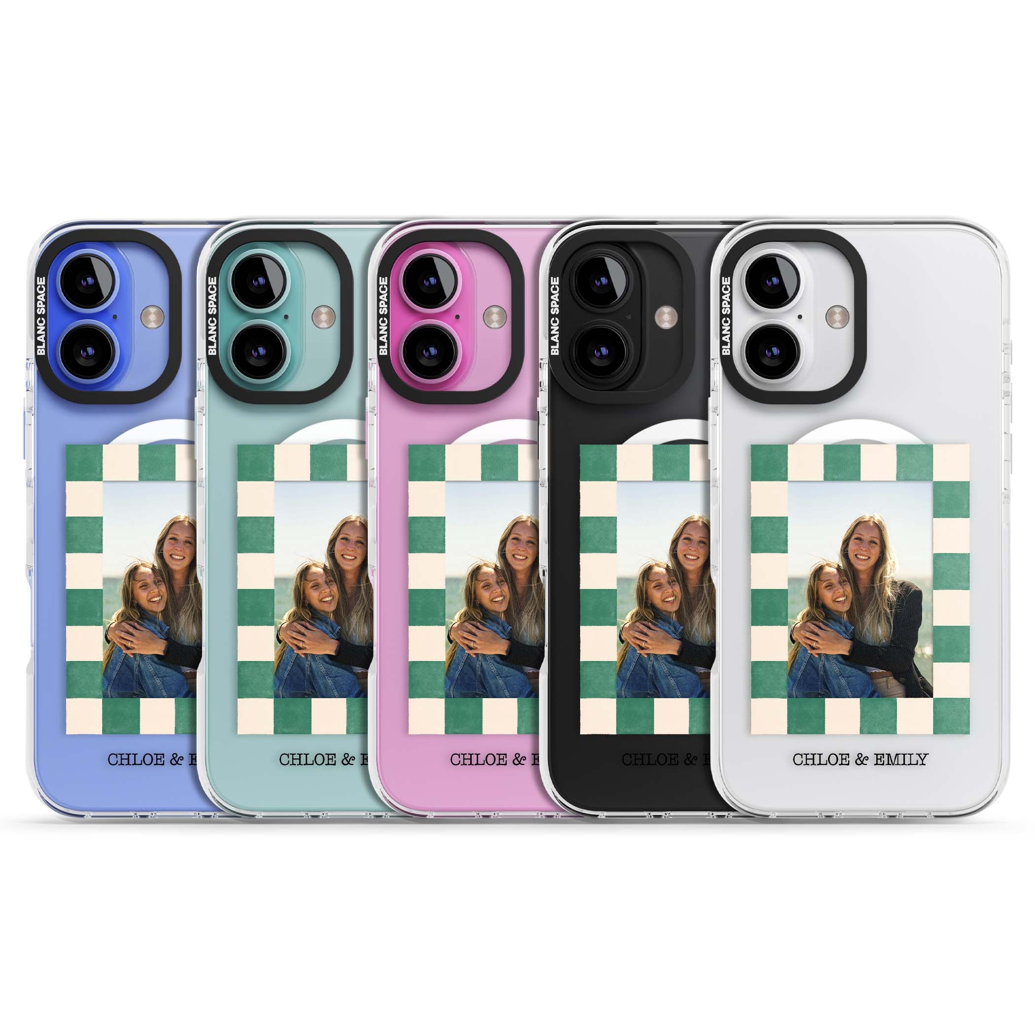 Seafoam Check Photo personalised iPhone case featuring a custom polaroid photo, green and cream checkered frame, and custom n | Impact Magsafe case for iPhone 16, iPhone 16 Plus