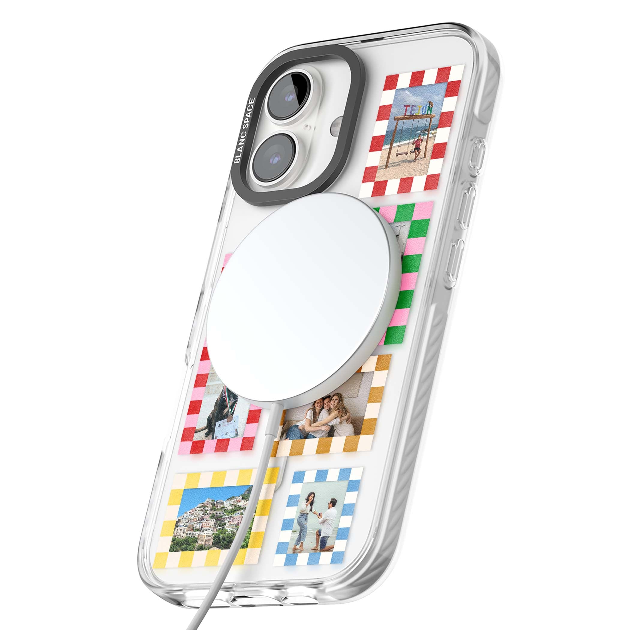 Italian Check Frames custom photo collage iPhone case featuring six checkered photo frames in red, green, pink and | Impact Magsafe case for iPhone 16, iPhone 16 Plus