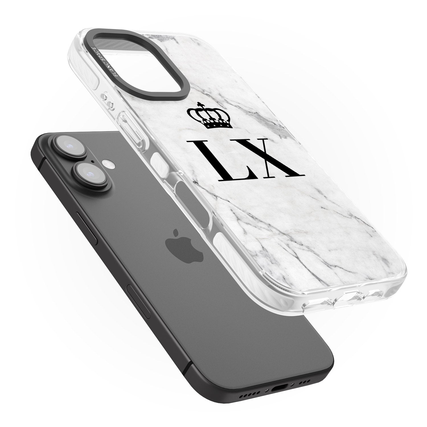 iPhone 16 Pro Max Personalised Initials with Crown on White Marble Black Impact Phone Case