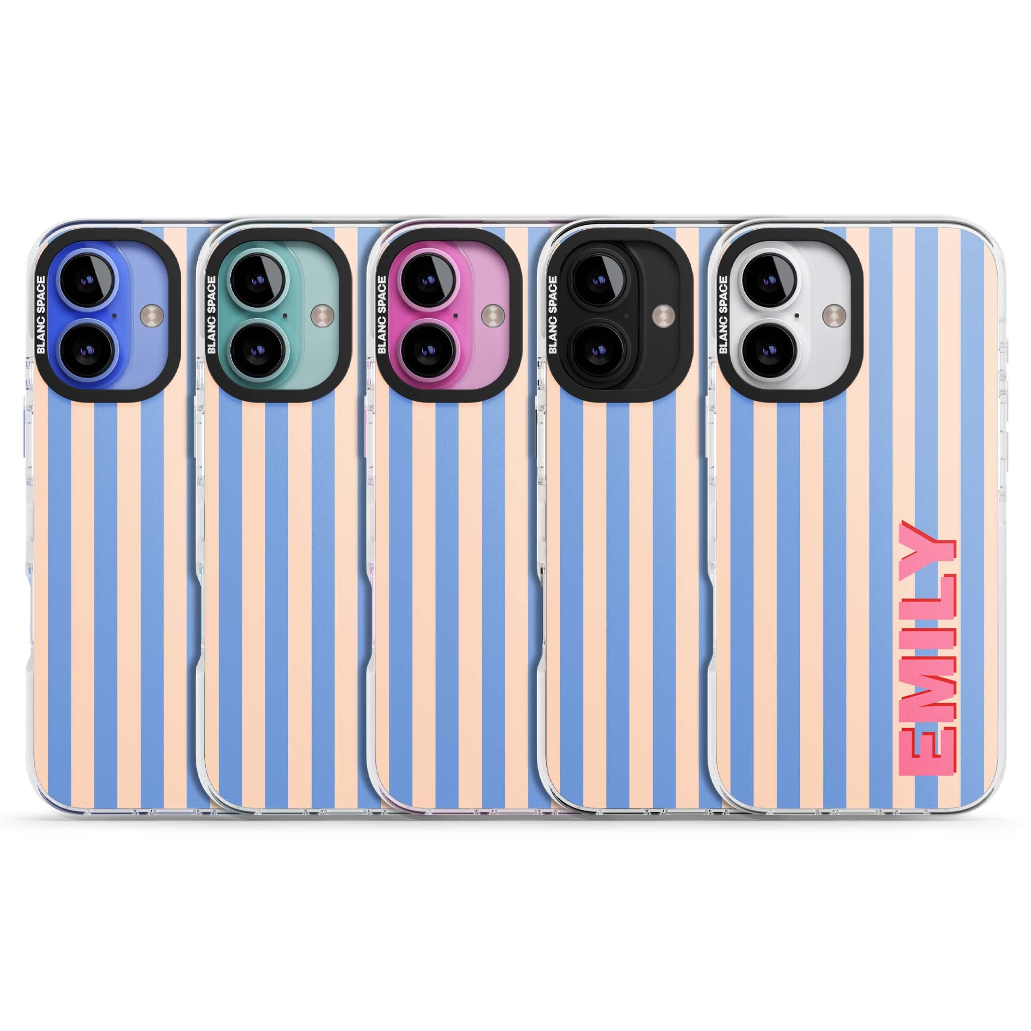 Coastal Stripe personalised coastal iPhone case with blue and peach vertical stripes and custom pink name | Impact Magsafe case for iPhone 16, iPhone 16 Plus