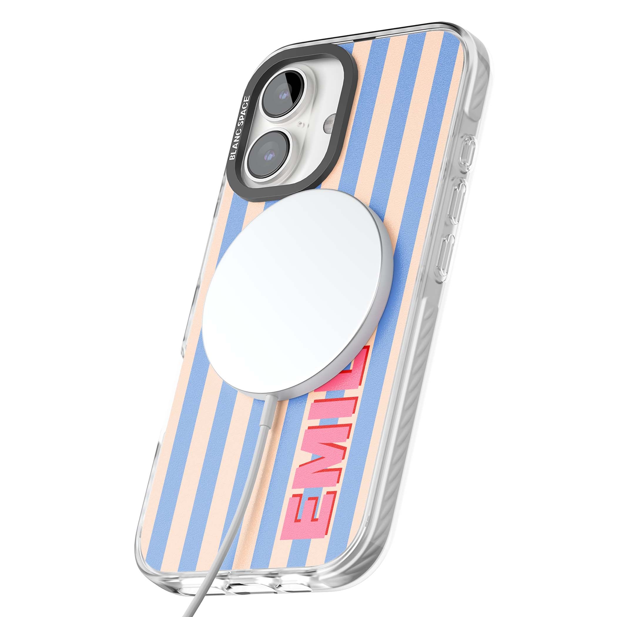 Coastal Stripe personalised coastal iPhone case with blue and peach vertical stripes and custom pink name | Impact Magsafe case for iPhone 16, iPhone 16 Plus