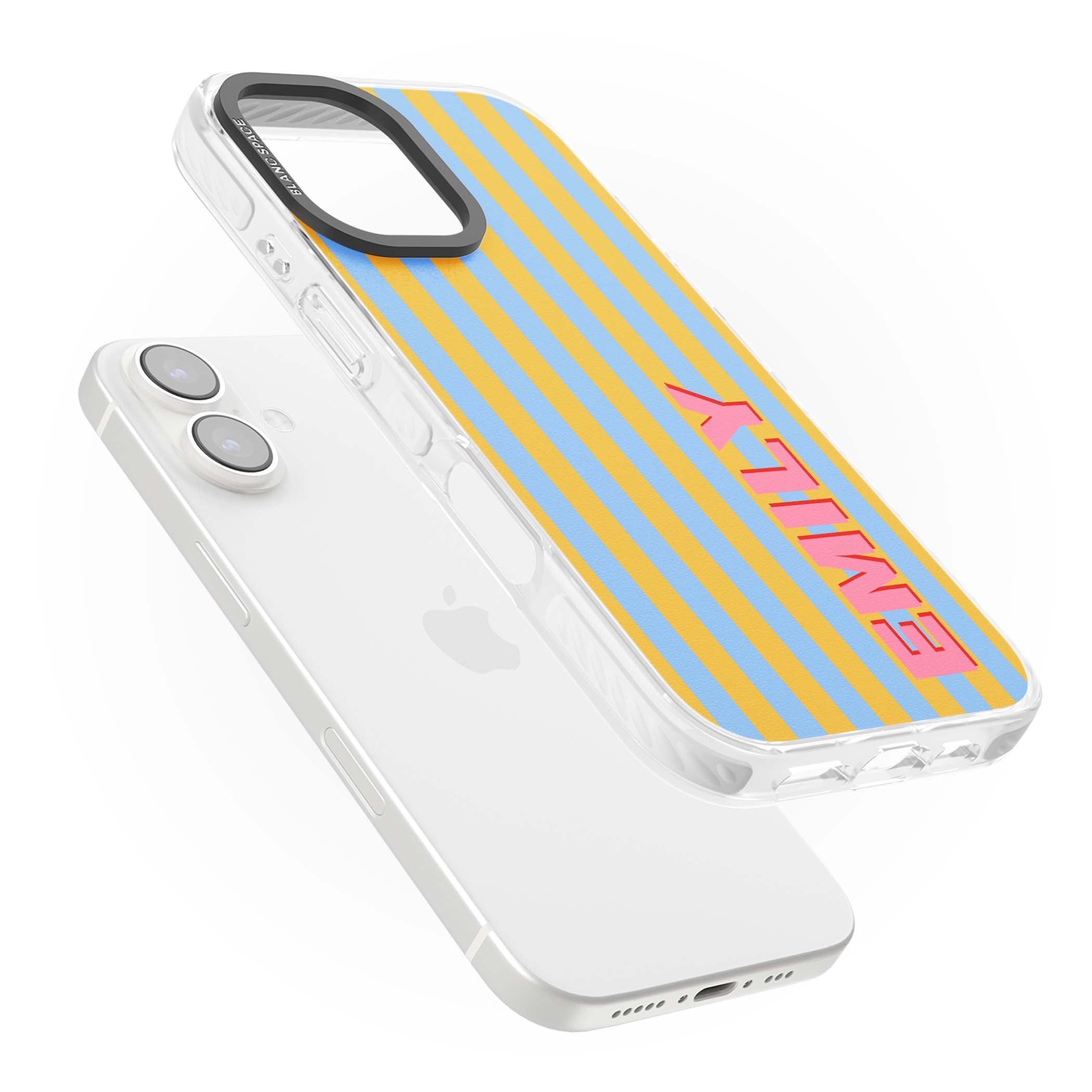 Carribean Stripe personalised coastal iPhone case with yellow and blue vertical stripes and a custom pink name | Impact Magsafe case for iPhone 16, iPhone 16 Plus