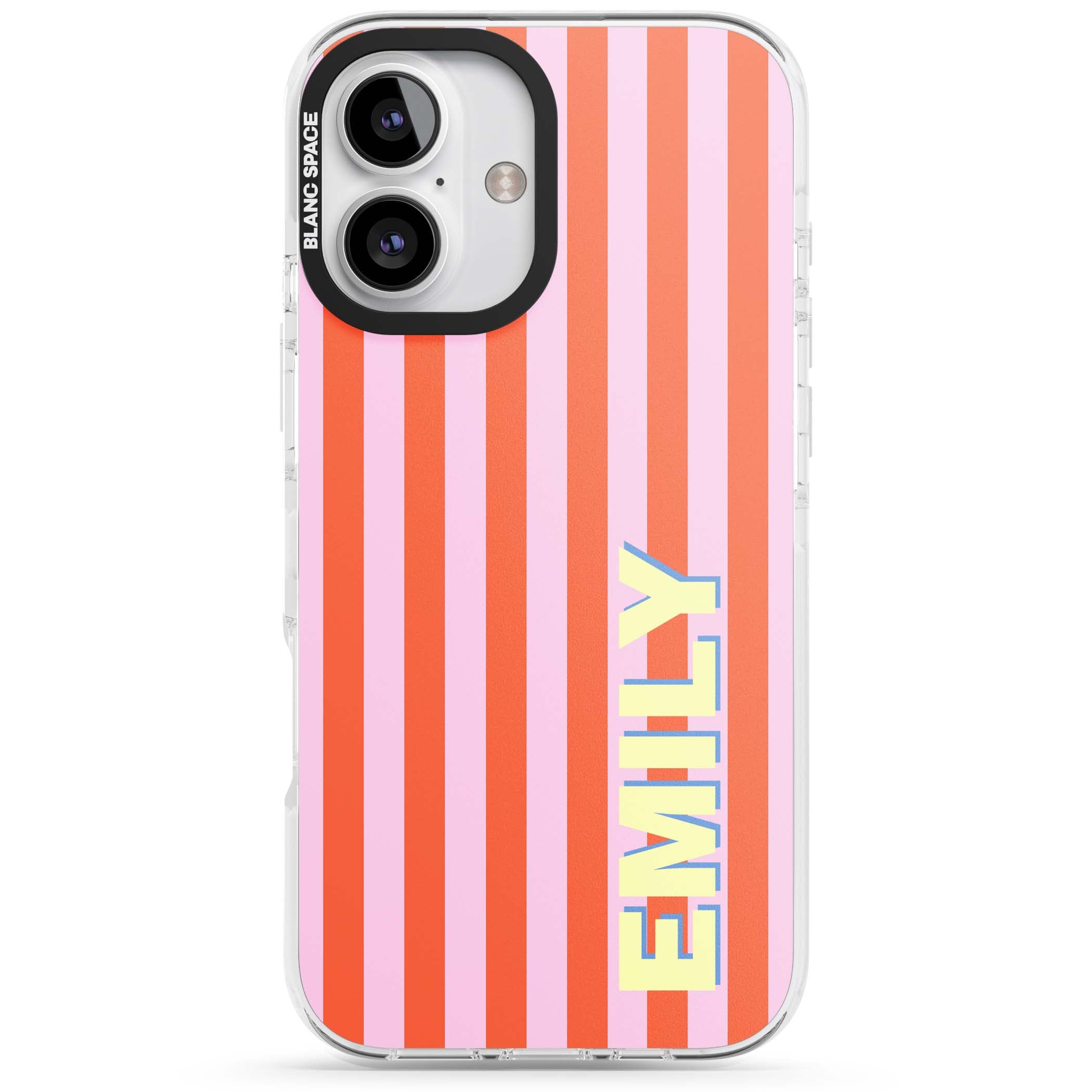 Havana Stripe personalised iPhone case featuring pink and orange vertical stripes with a custom yellow name | Impact Magsafe case for iPhone 16, iPhone 16 Plus