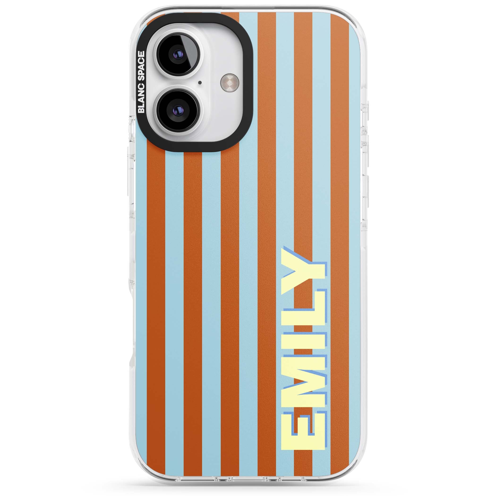 Cappadocia Stripe personalised coastal iPhone case featuring blue and orange vertical stripes with custom cream name | Impact Magsafe case for iPhone 16, iPhone 16 Plus