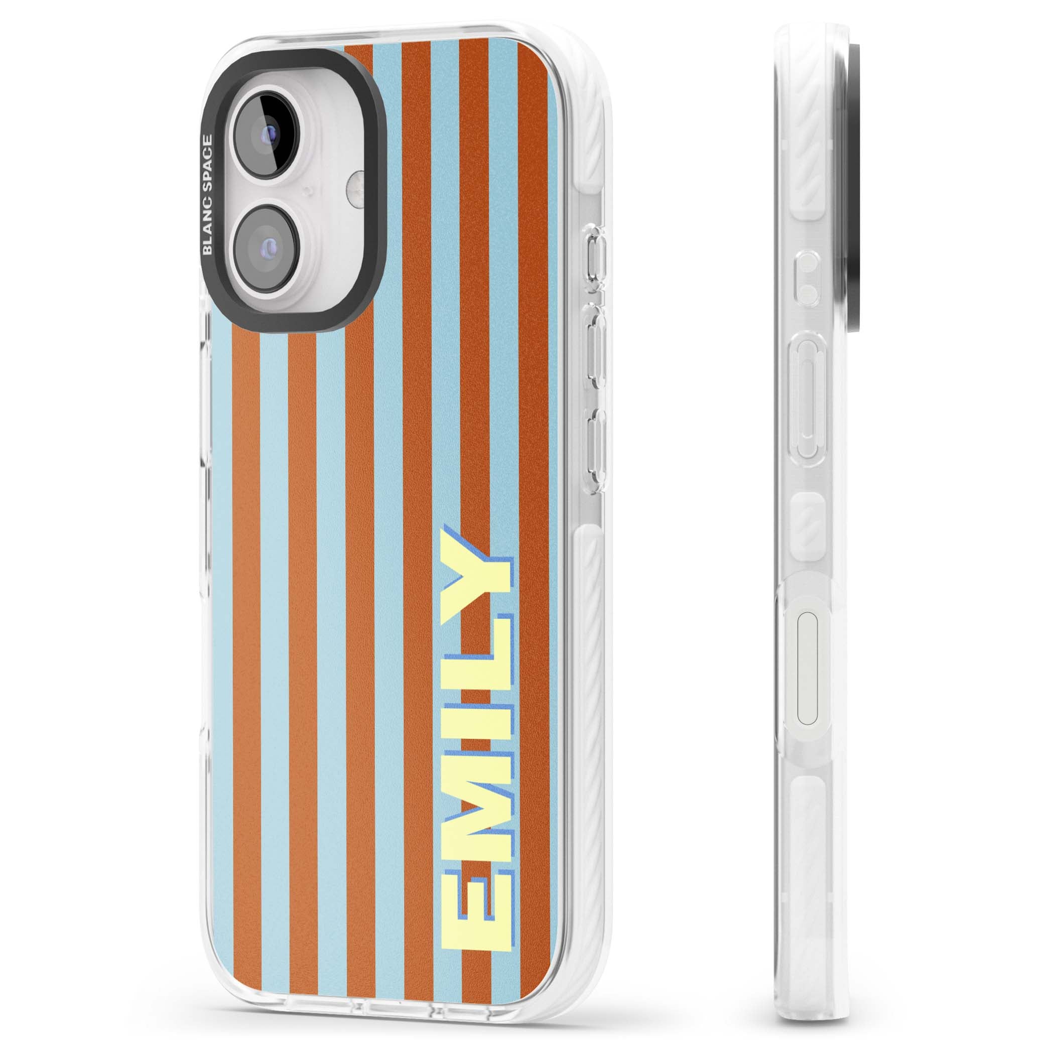 Cappadocia Stripe personalised coastal iPhone case featuring blue and orange vertical stripes with custom cream name | Impact Magsafe case for iPhone 16, iPhone 16 Plus