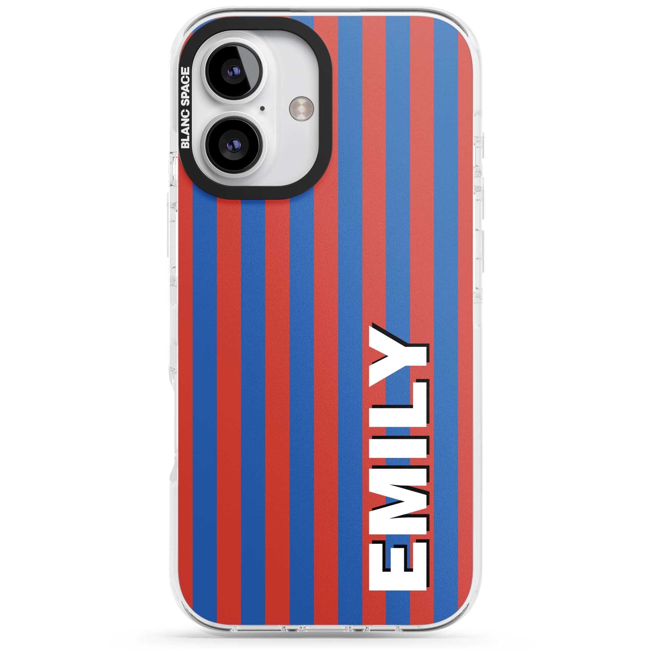 Cuban Stripe personalised iPhone case featuring red and blue vertical stripes with custom name in bold white letters | Impact Magsafe case for iPhone 16, iPhone 16 Plus