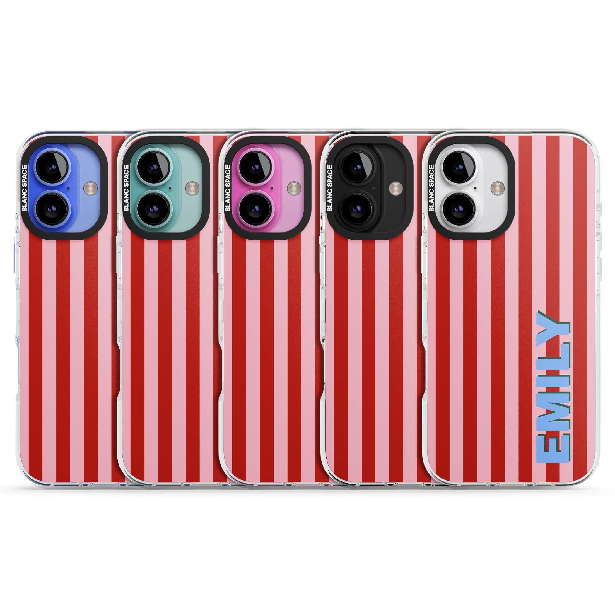 Market Stripe personalised iPhone case with red and pink vertical stripes and custom blue name | Impact Magsafe case for iPhone 16, iPhone 16 Plus