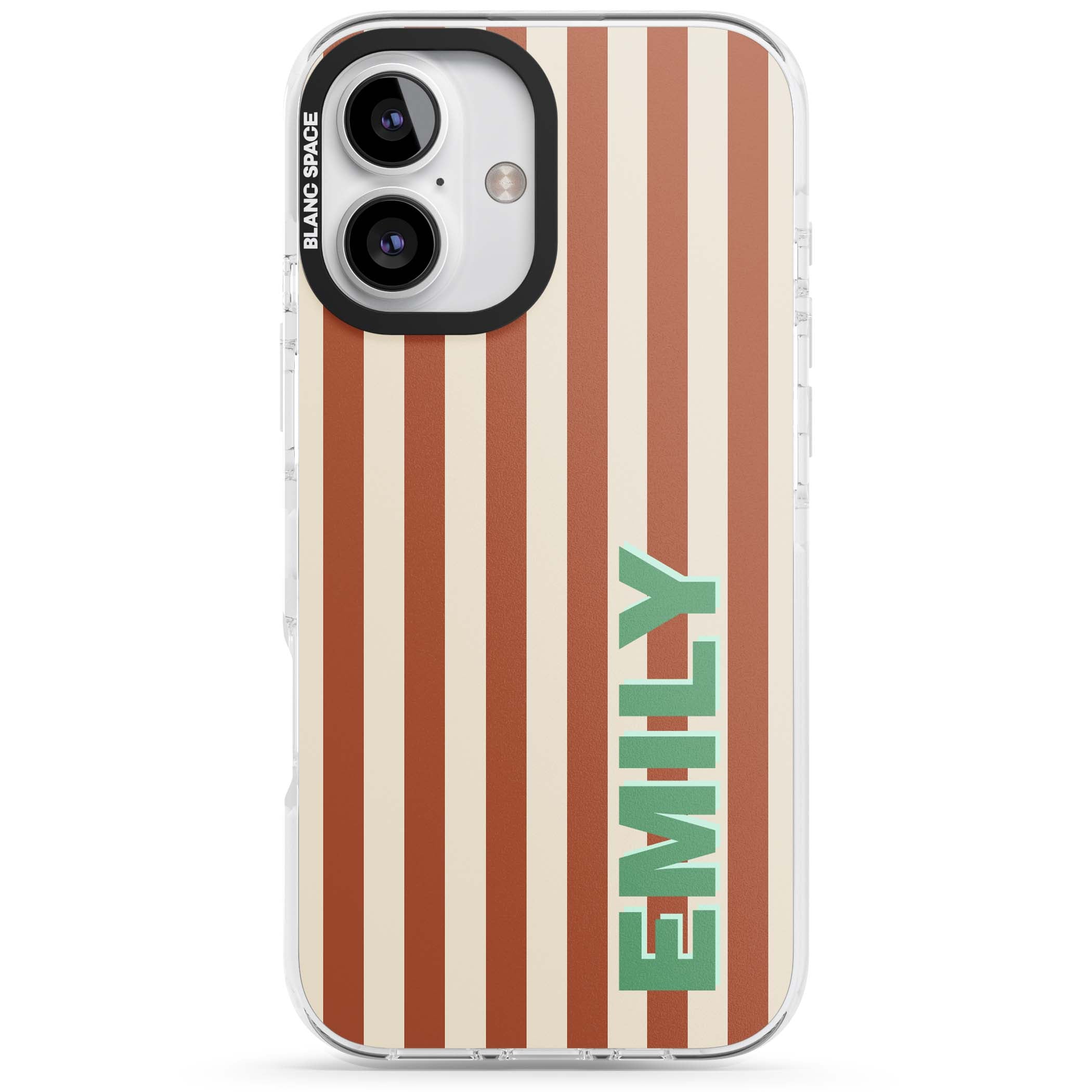 Dune Stripe personalised iPhone case with rust and cream vertical stripes and custom name in mint green | Impact Magsafe case for iPhone 16, iPhone 16 Plus