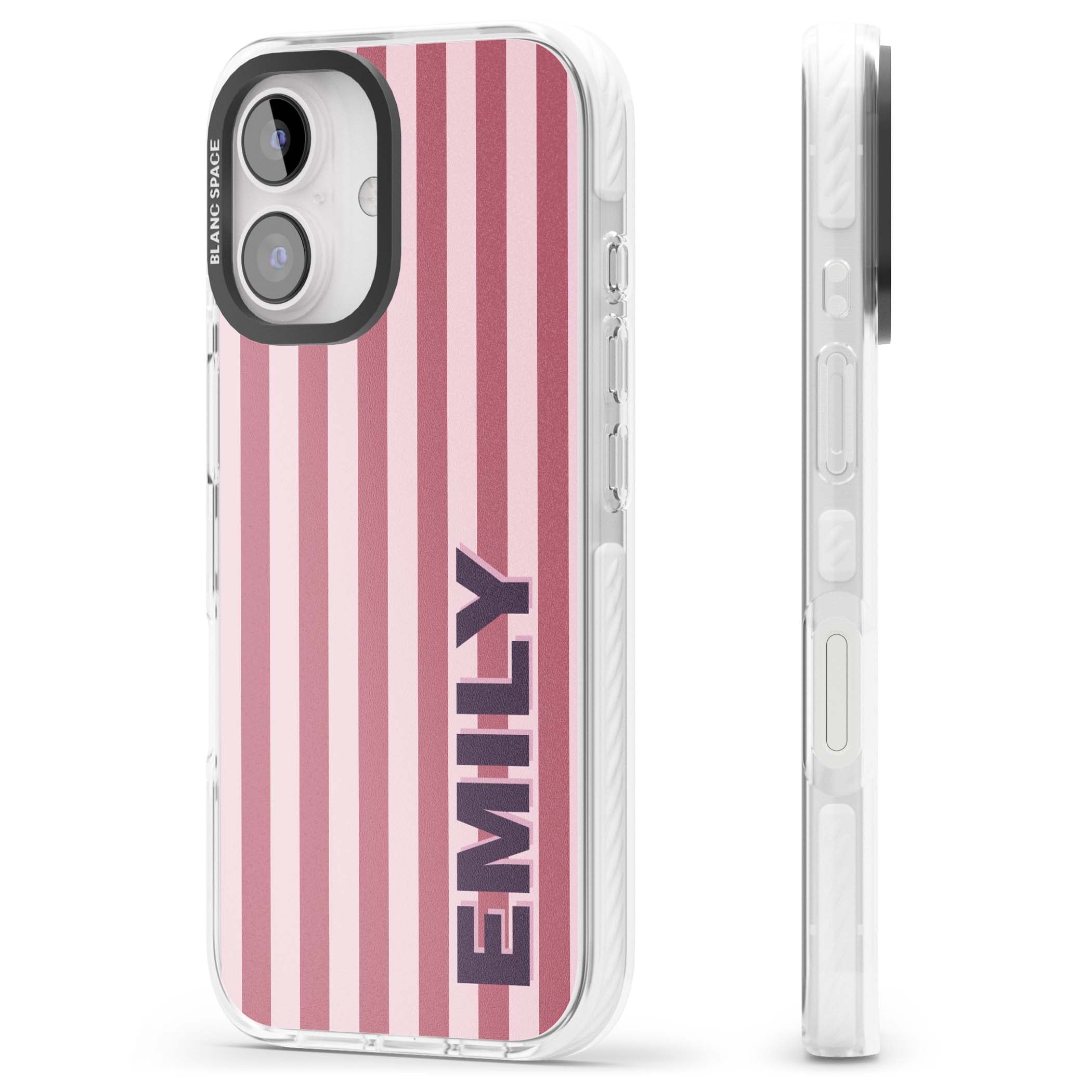 Victoria Stripe personalised iPhone case featuring pink vertical stripes and custom name in bold plum lettering | Impact Magsafe case for iPhone 16, iPhone 16 Plus