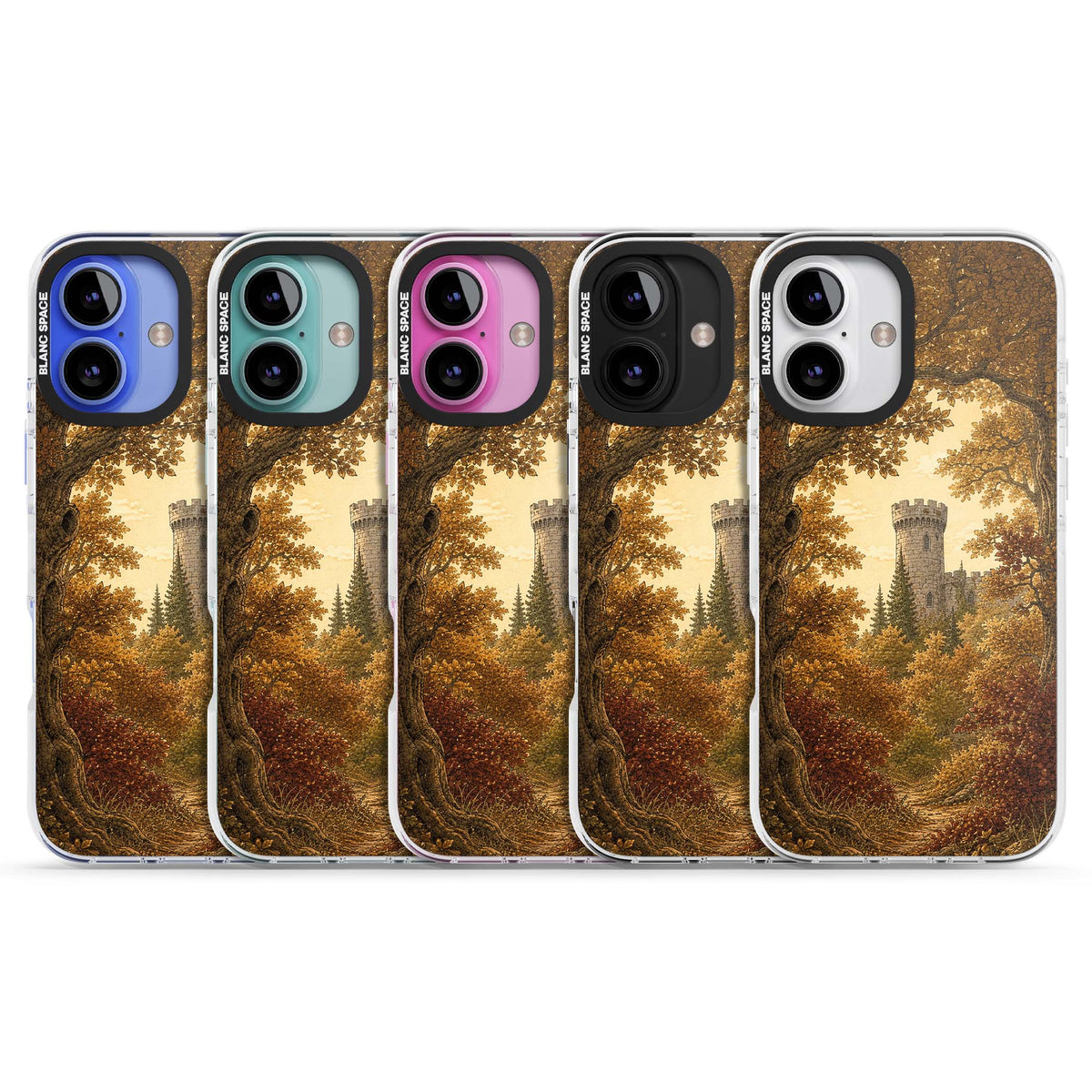 Autumn Keep cottagecore iPhone case featuring a medieval castle tower framed by golden autumn trees and woodland foliage | Impact Magsafe case for iPhone 16, iPhone 16 Plus