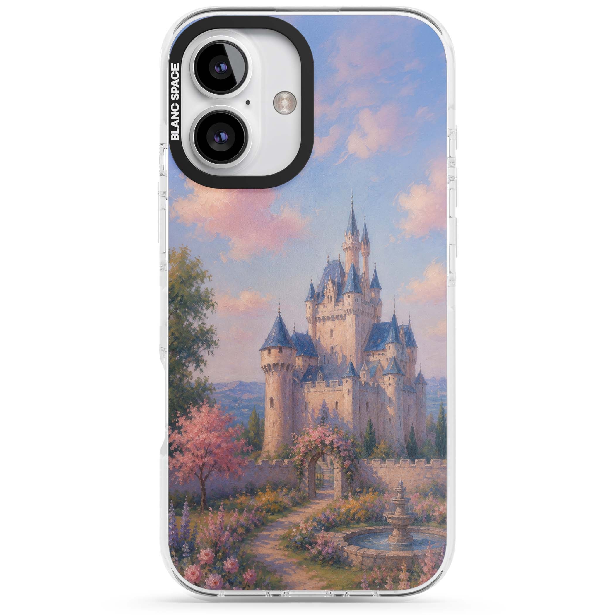 Enchanted Kingdom fairytale iPhone case featuring a romantic castle painting with cherry blossoms and pastel pink sky | Impact Magsafe case for iPhone 16, iPhone 16 Plus