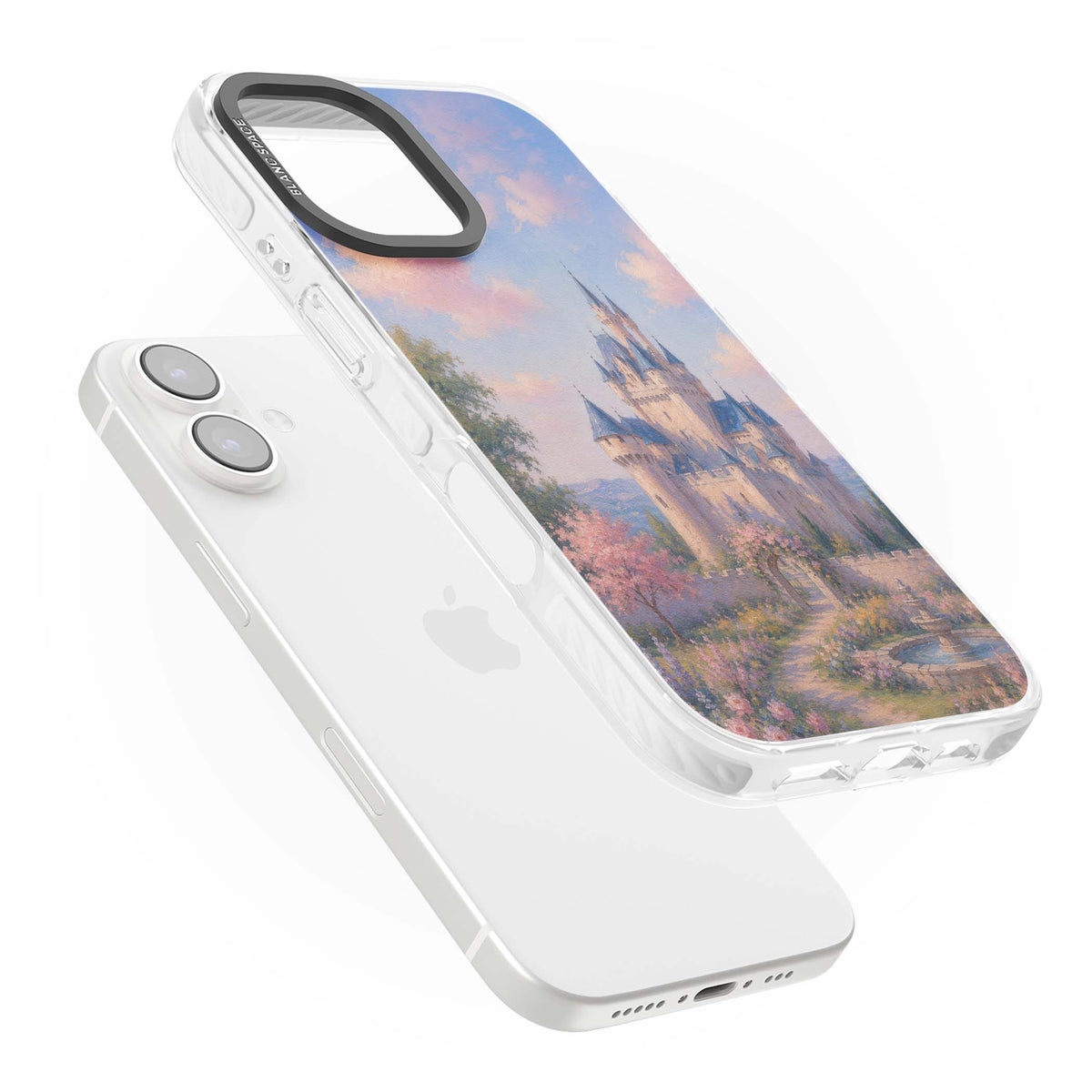 Enchanted Kingdom fairytale iPhone case featuring a romantic castle painting with cherry blossoms and pastel pink sky | Impact Magsafe case for iPhone 16, iPhone 16 Plus