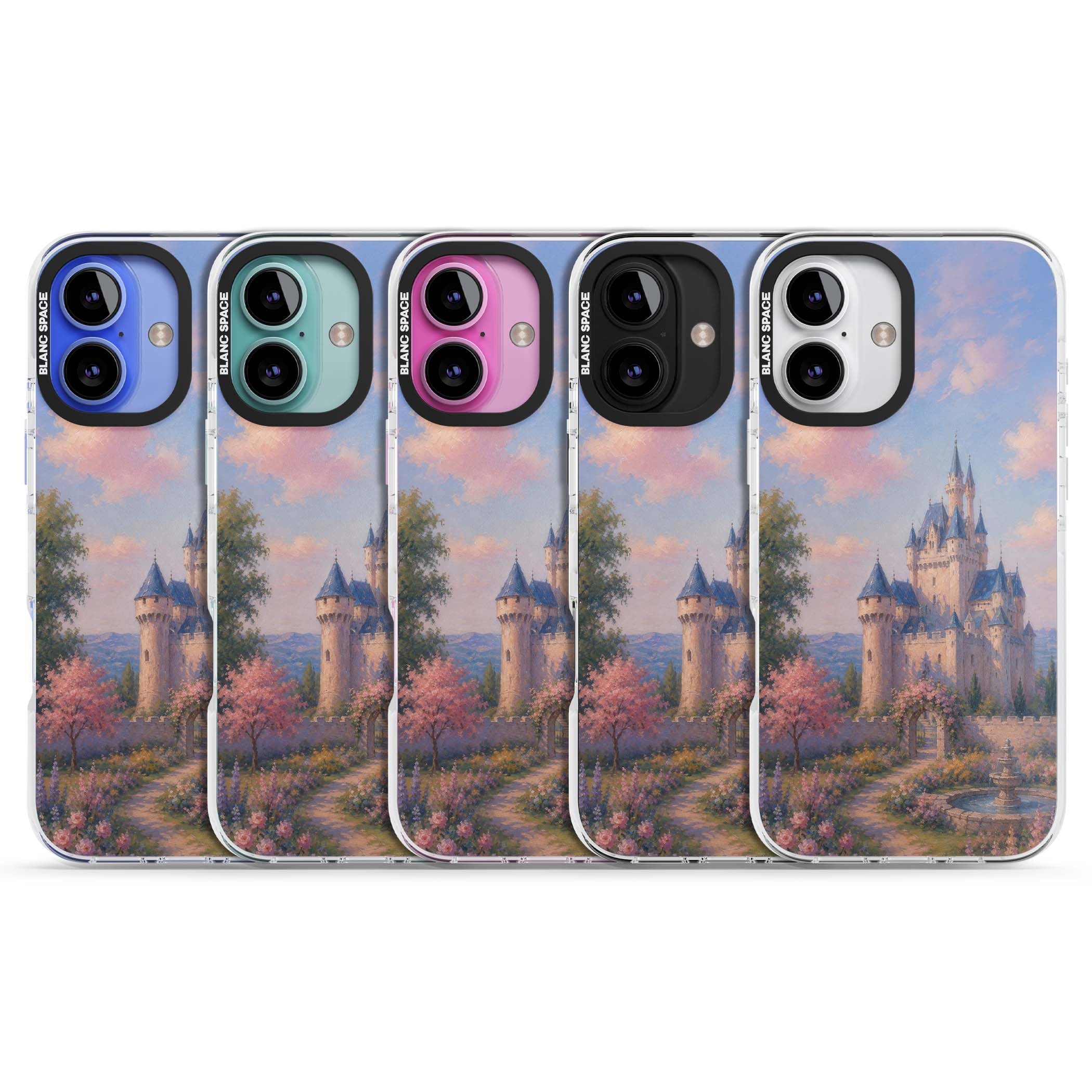 Enchanted Kingdom fairytale iPhone case featuring a romantic castle painting with cherry blossoms and pastel pink sky | Impact Magsafe case for iPhone 16, iPhone 16 Plus