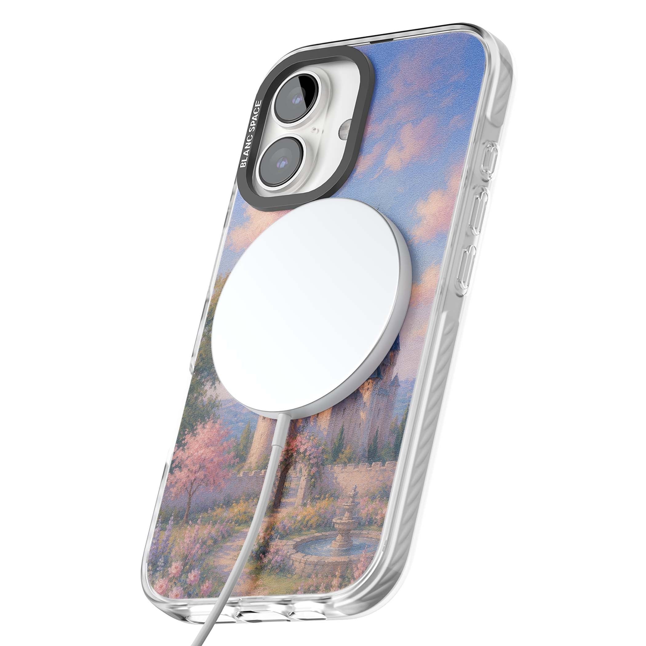 Enchanted Kingdom fairytale iPhone case featuring a romantic castle painting with cherry blossoms and pastel pink sky | Impact Magsafe case for iPhone 16, iPhone 16 Plus