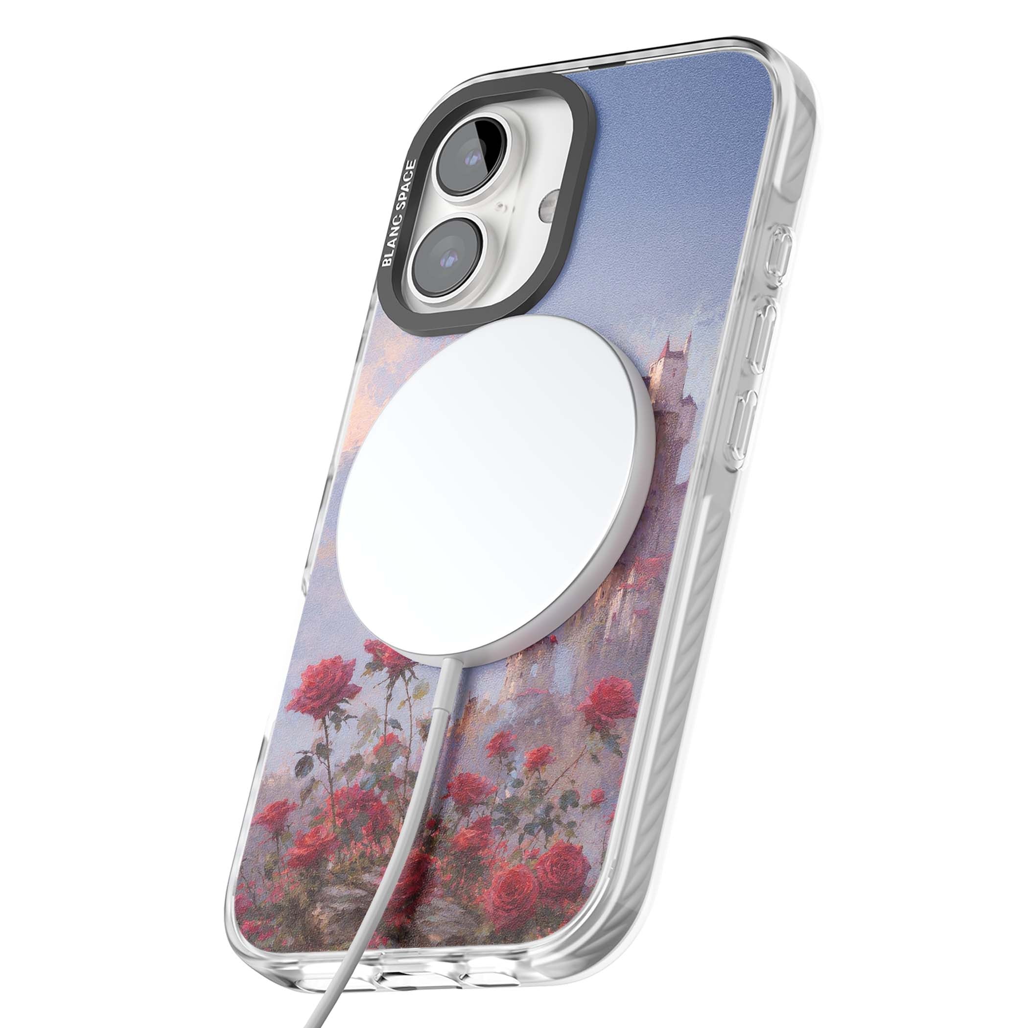 Sword in Roses medieval art iPhone case featuring a sword, red roses, and a misty fairytale castle at sunset | Impact Magsafe case for iPhone 16, iPhone 16 Plus