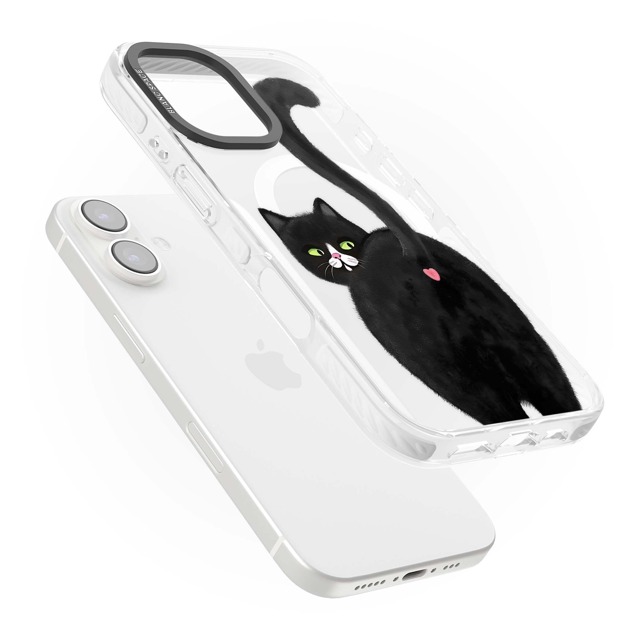The Cat's Kiss cute cat iPhone case featuring a hand-painted tuxedo kitty with green eyes and a pink heart on a clear | Impact Magsafe case for iPhone 16, iPhone 16 Plus