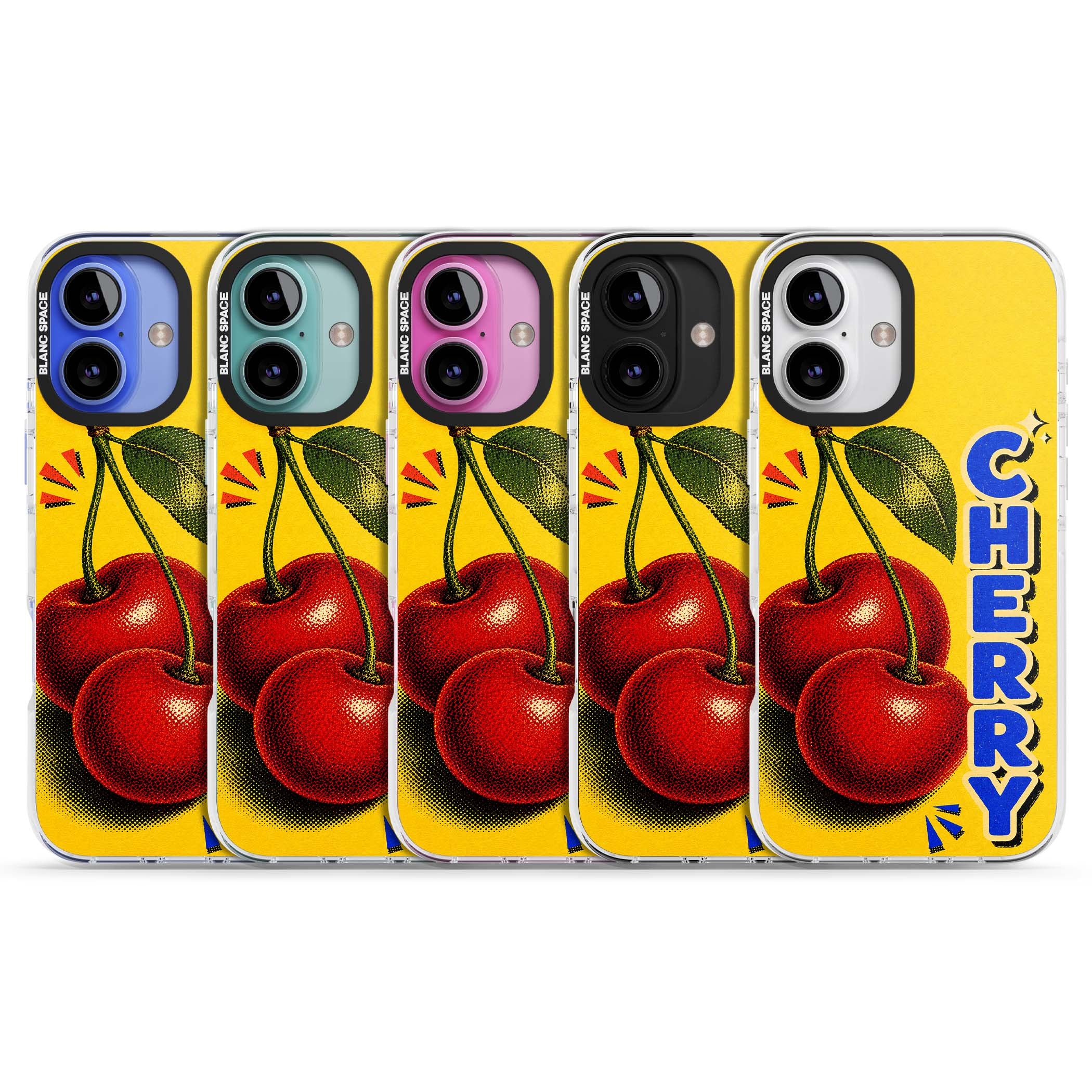 Cherry Yellow y2k iPhone case featuring two red cherries, halftone shading and bold blue CHERRY lettering on yellow | Impact Magsafe case for iPhone 16, iPhone 16 Plus