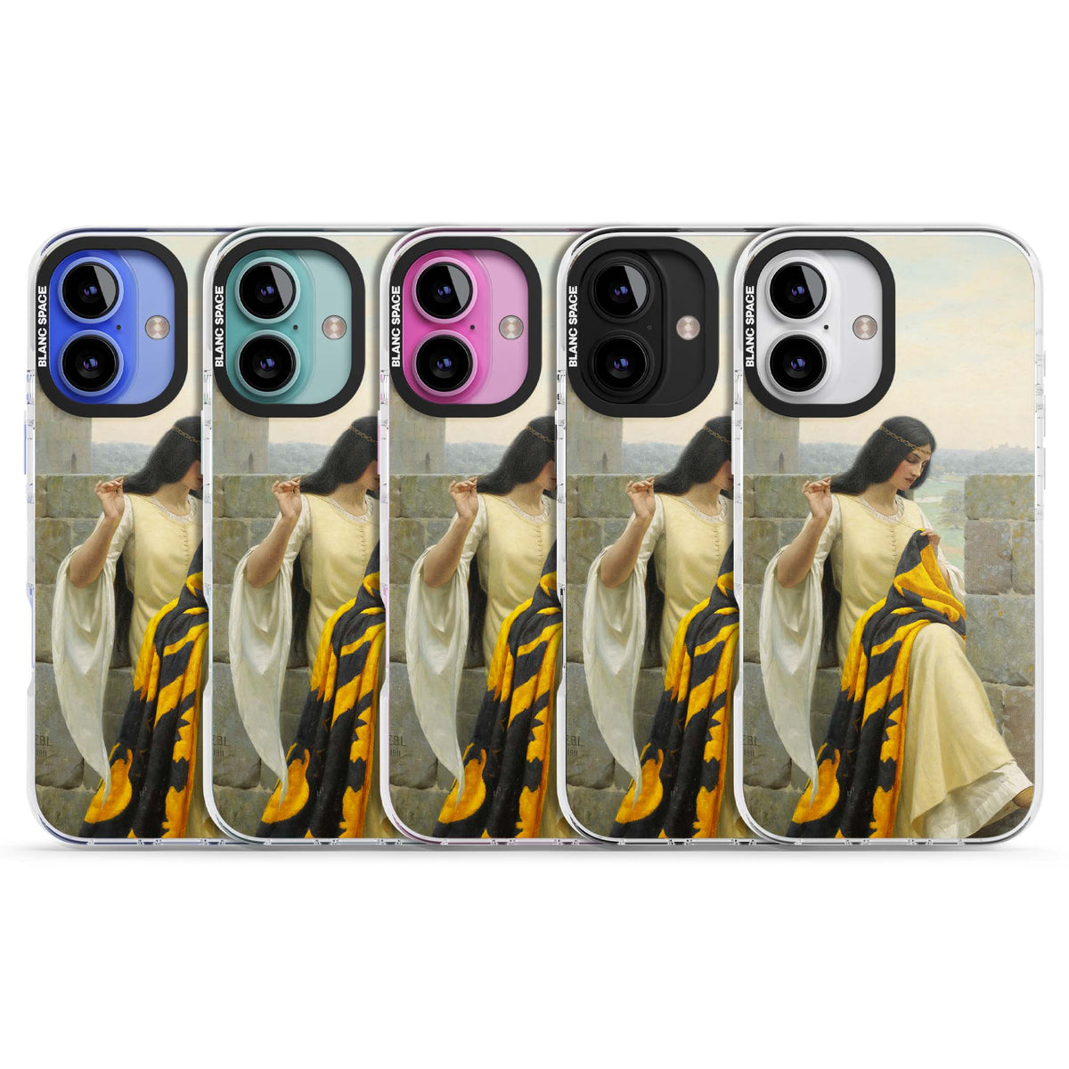 Stitching the Standard renaissance art iPhone case featuring a medieval lady sewing a golden banner on a castle wall | Impact Magsafe case for iPhone 16, iPhone 16 Plus