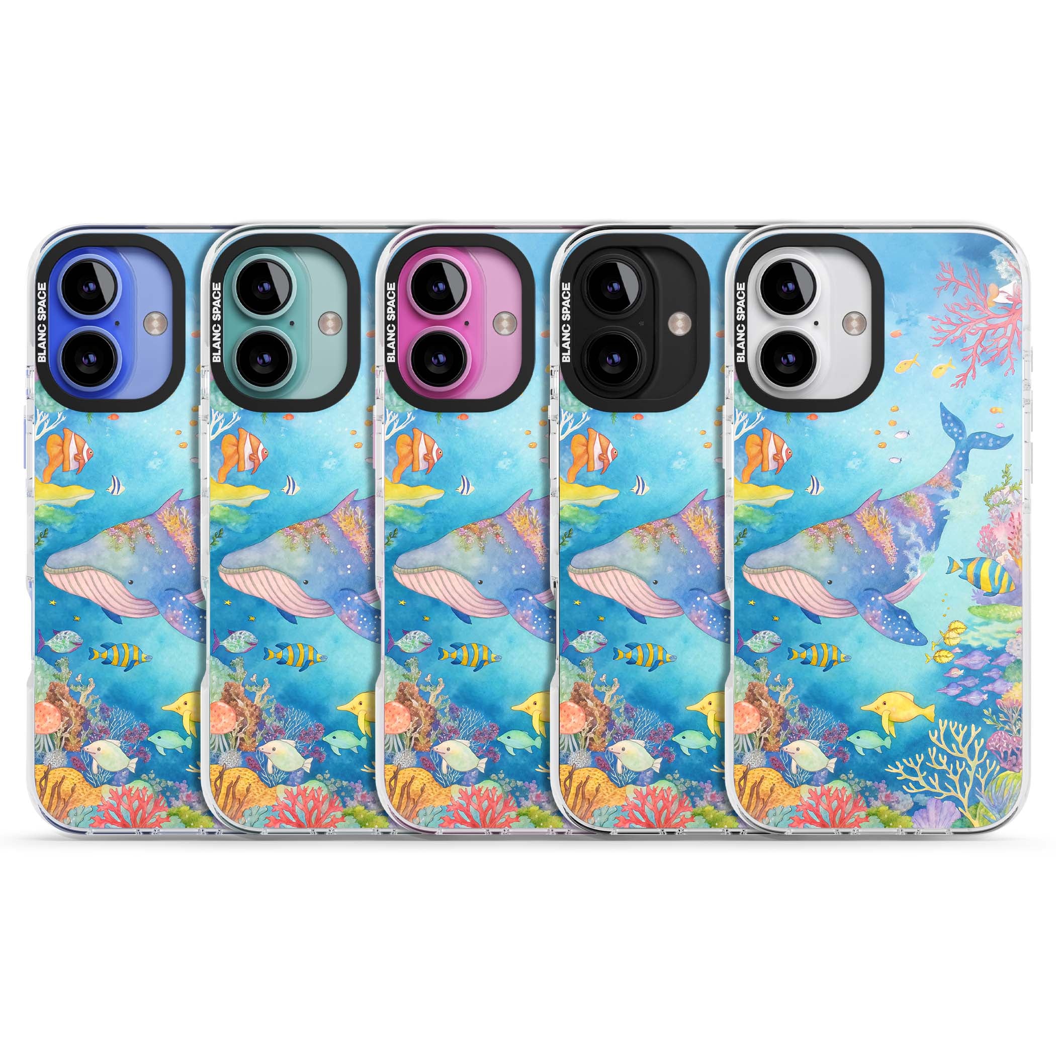 Coral Lagoon ocean iPhone case featuring a watercolour whale, coral reef and tropical fish | Impact Magsafe case for iPhone 16, iPhone 16 Plus