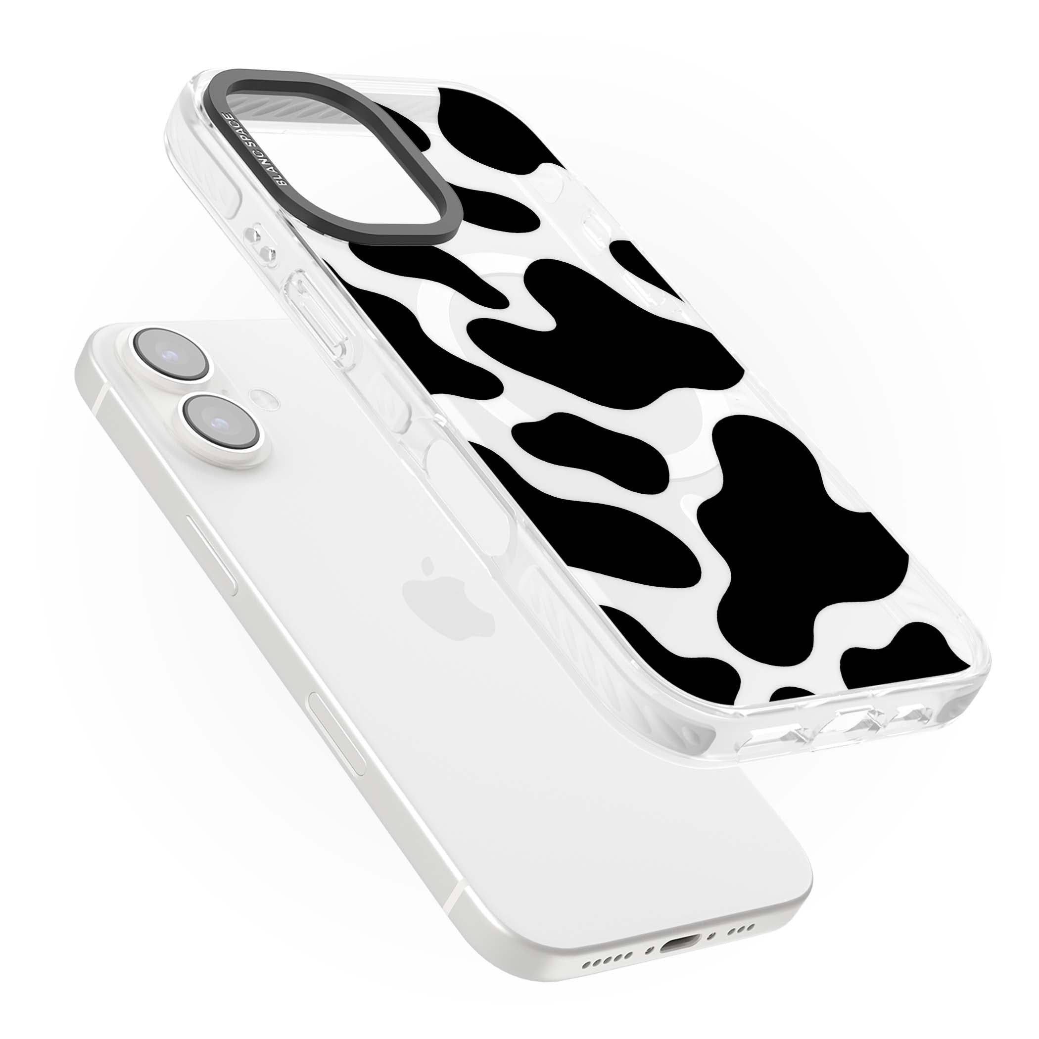 Clear Cow Print cow print iPhone case featuring black and white cow pattern splotches on a clear background | Impact Magsafe case for iPhone 16, iPhone 16 Plus
