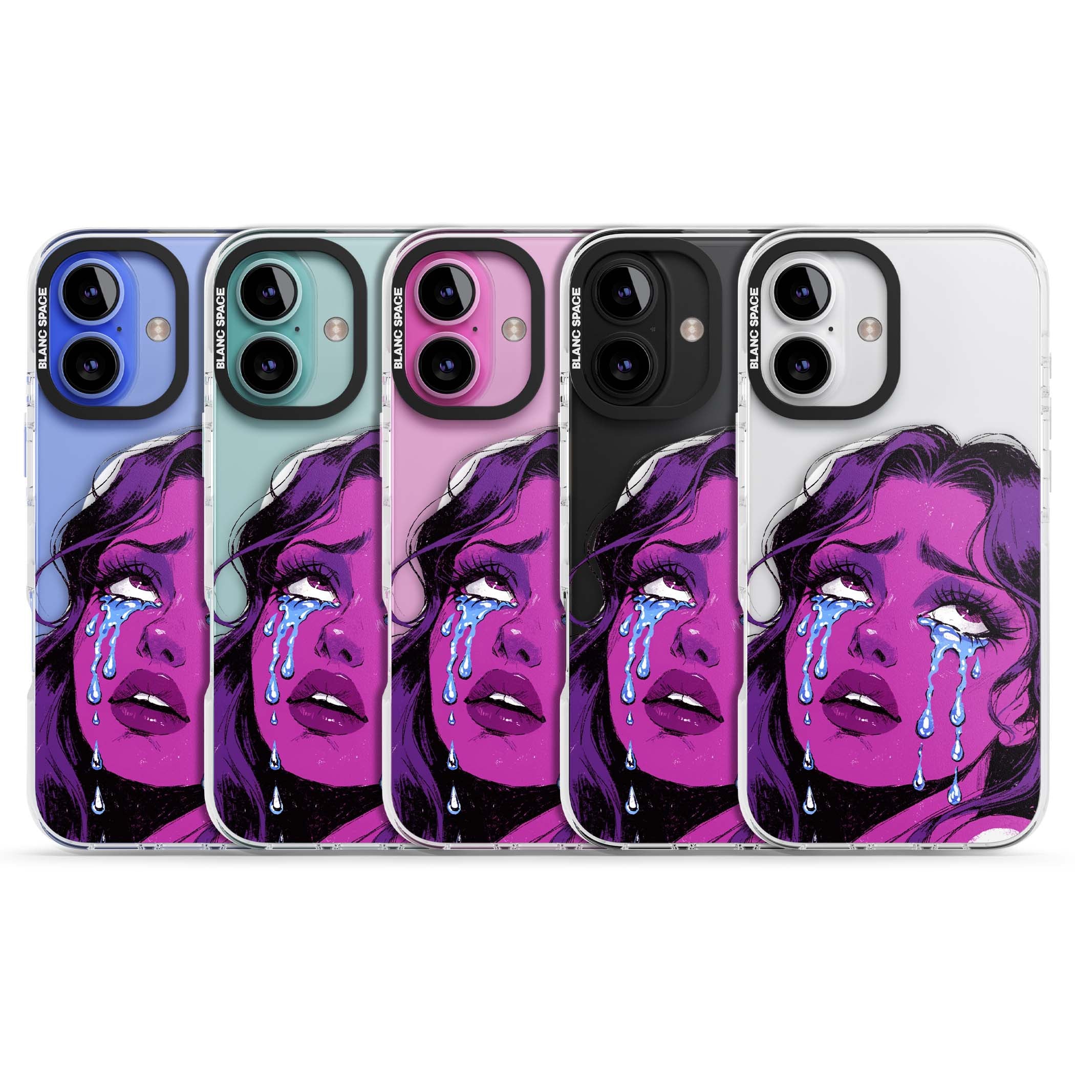 Drama Queen pop art iPhone case featuring a purple crying comic girl with blue tears | Impact Magsafe case for iPhone 16, iPhone 16 Plus