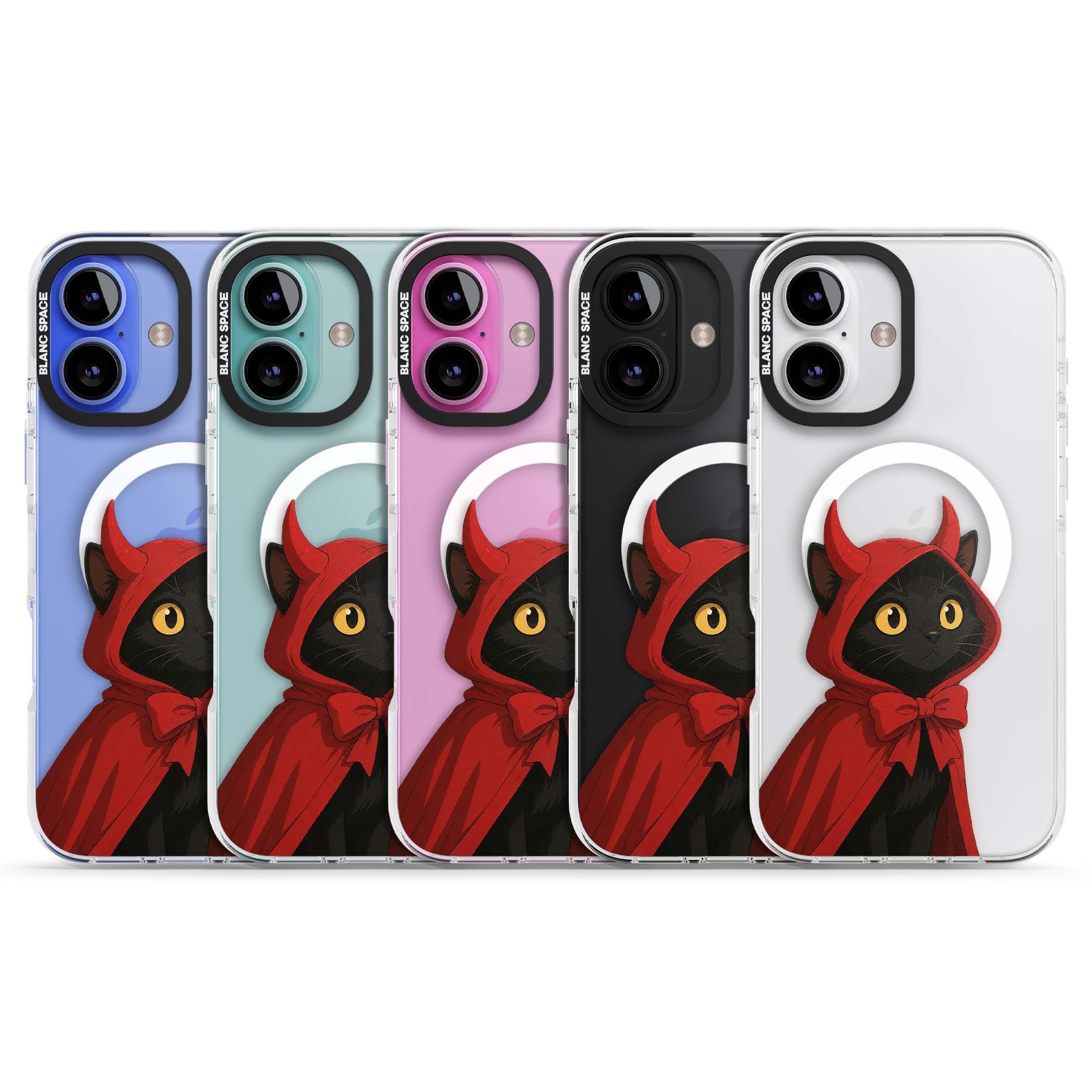 Little Devil halloween iPhone case featuring a black cat in a red hooded devil cloak with horns and golden eyes | Impact Magsafe case for iPhone 16, iPhone 16 Plus