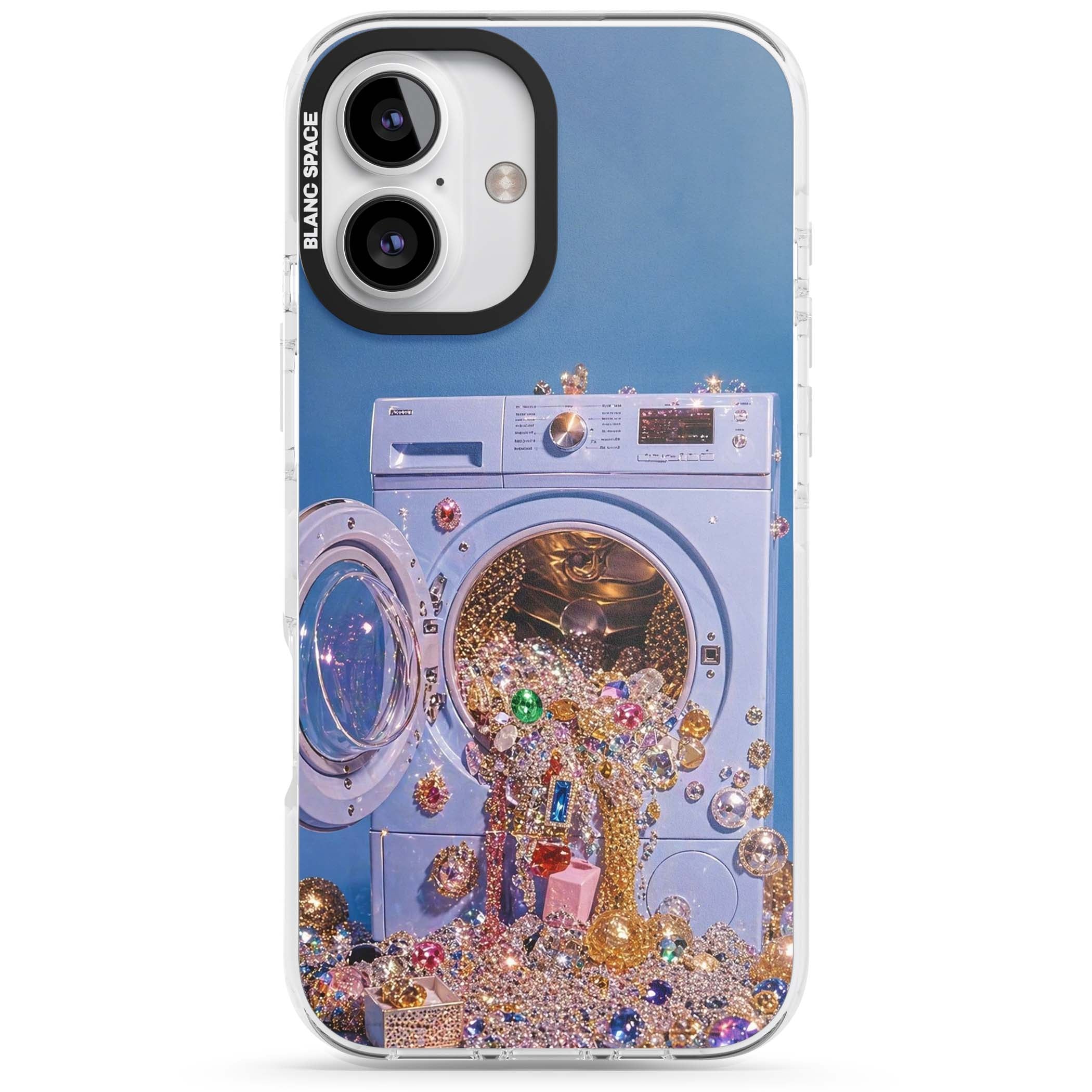 Gem Laundry baddie iPhone case featuring a surreal washing machine overflowing with colourful gemstones and crystals | Impact Magsafe case for iPhone 16, iPhone 16 Plus