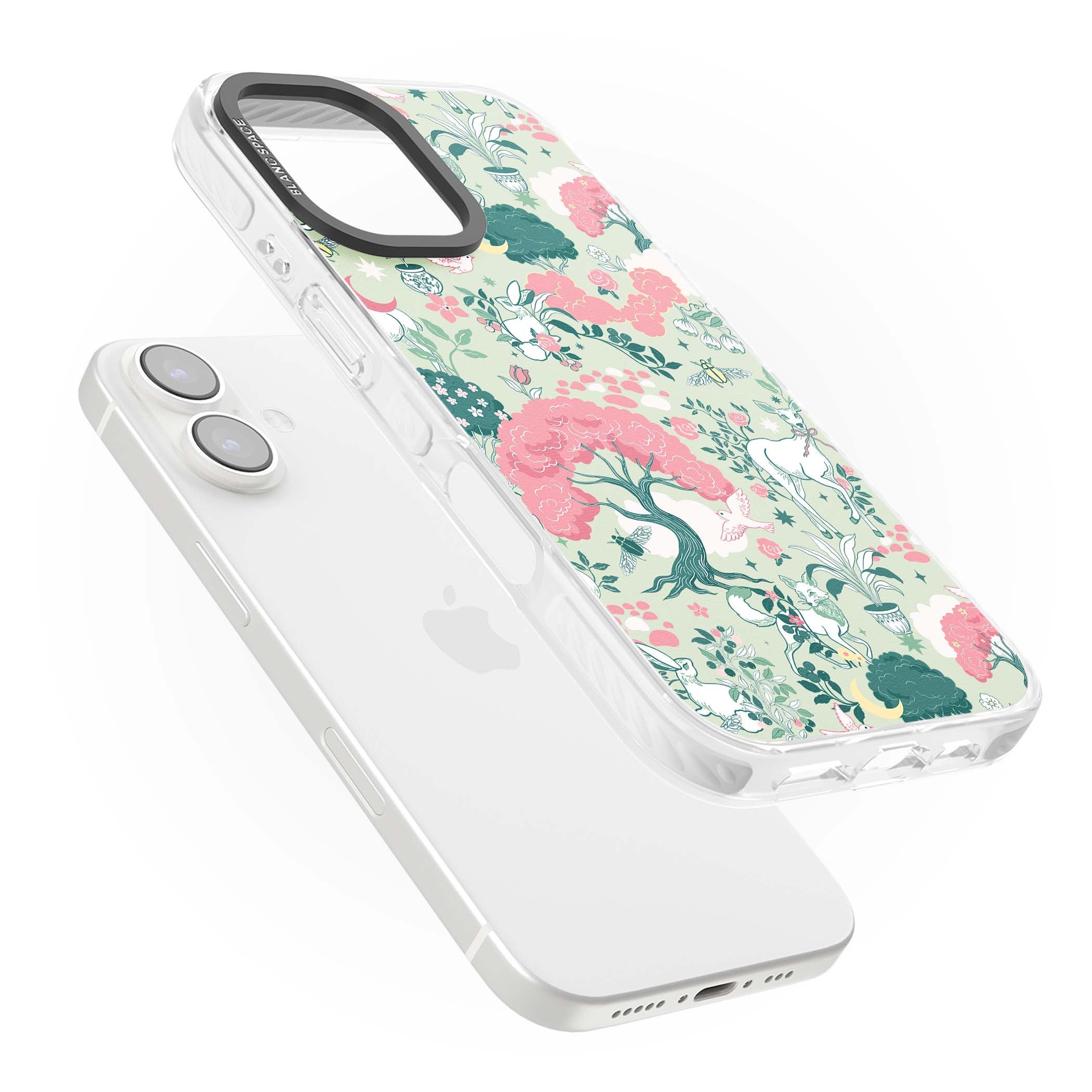 Enchanted Woodland cottagecore iPhone case featuring white deer, pink roses, mushrooms and woodland animals on sage green | Impact Magsafe case for iPhone 16, iPhone 16 Plus