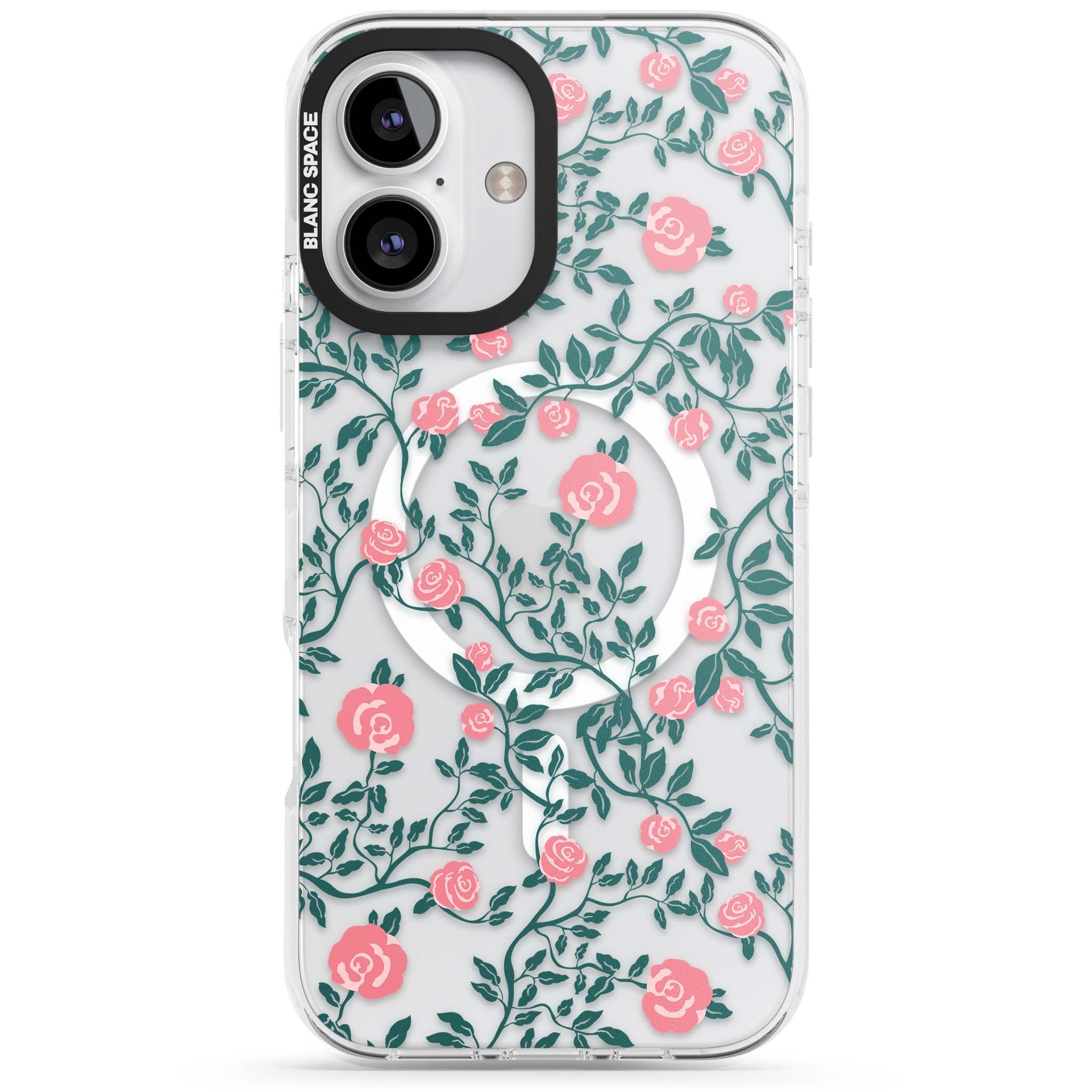 Rose Trellis (Clear) cottagecore iPhone case featuring pink climbing roses and green leaves on clear background | Impact Magsafe case for iPhone 16, iPhone 16 Plus