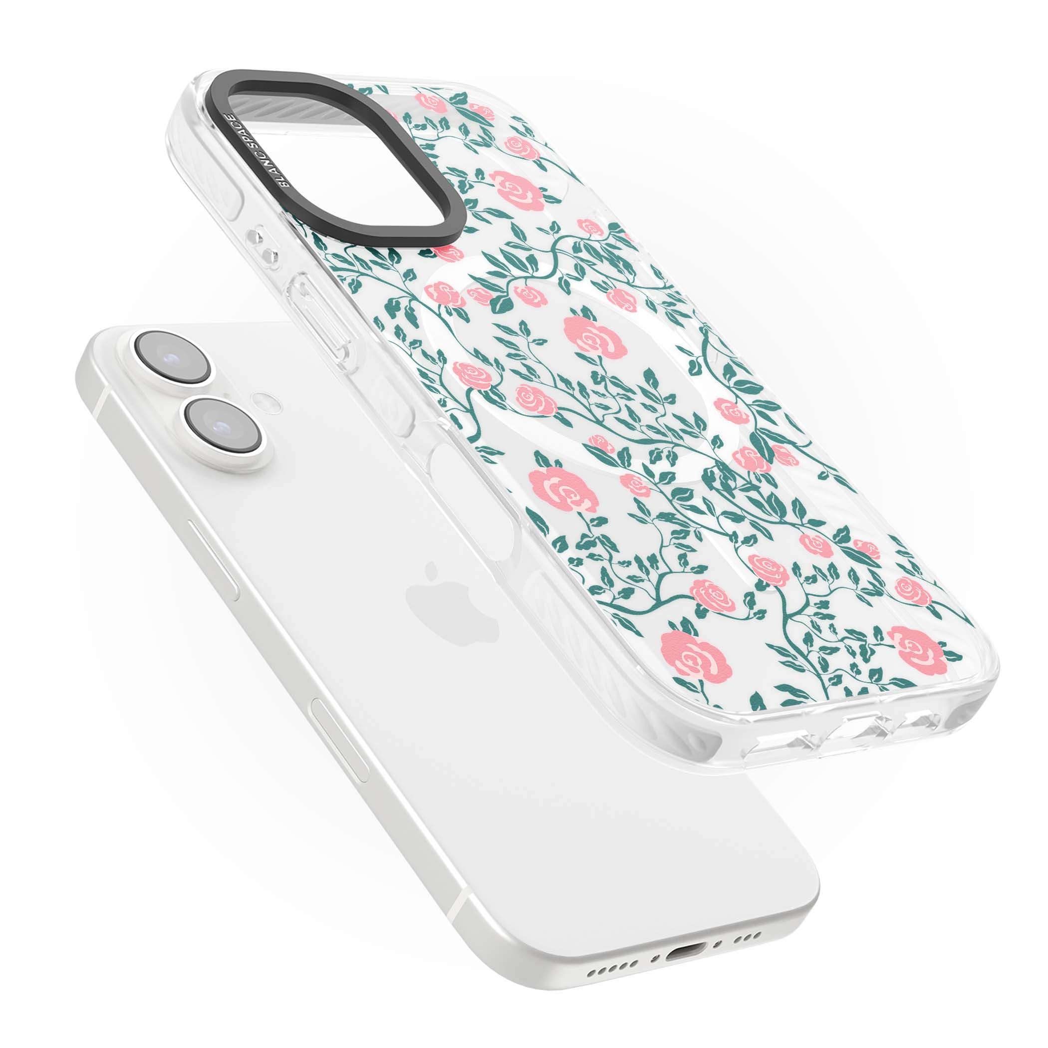 Rose Trellis (Clear) cottagecore iPhone case featuring pink climbing roses and green leaves on clear background | Impact Magsafe case for iPhone 16, iPhone 16 Plus