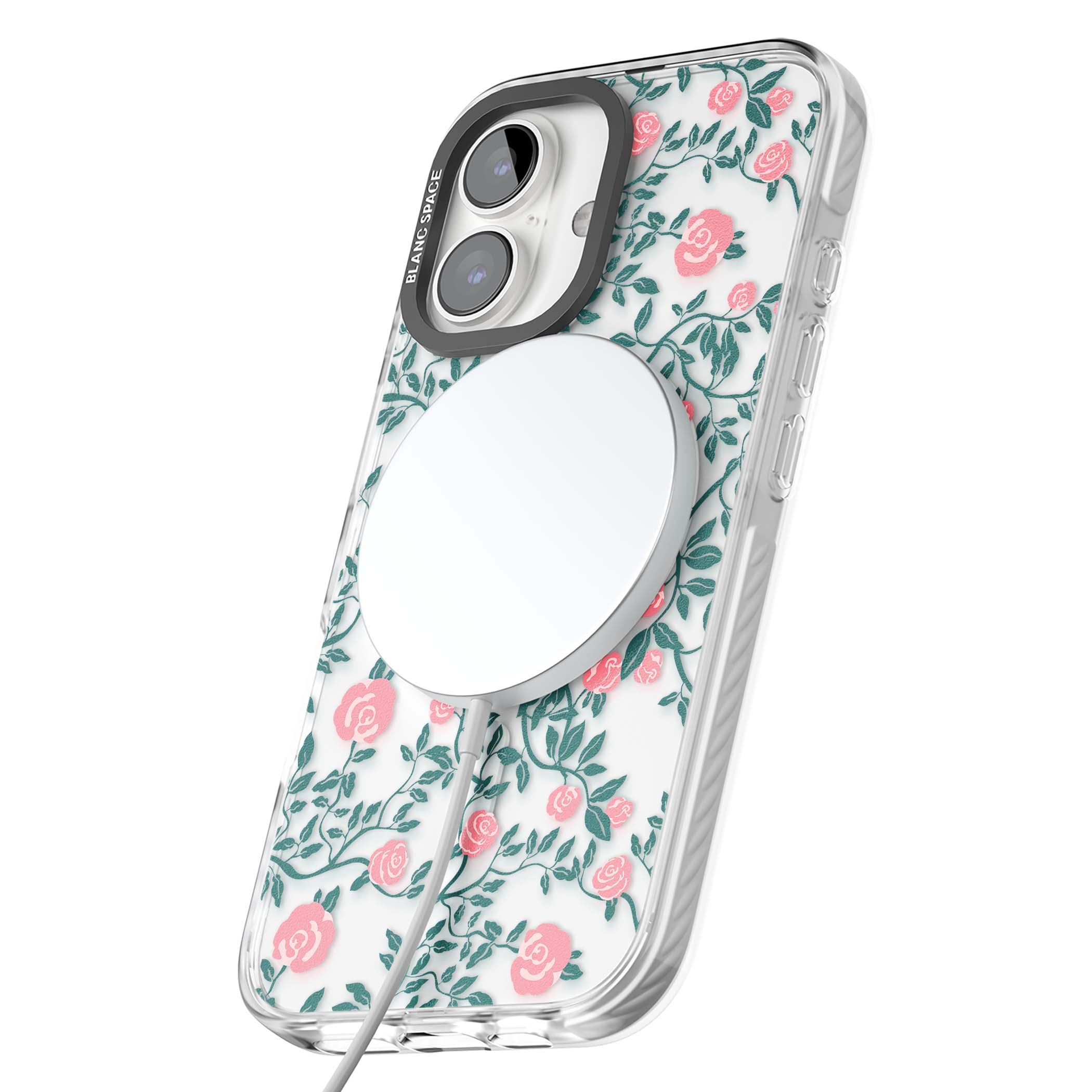 Rose Trellis (Clear) cottagecore iPhone case featuring pink climbing roses and green leaves on clear background | Impact Magsafe case for iPhone 16, iPhone 16 Plus