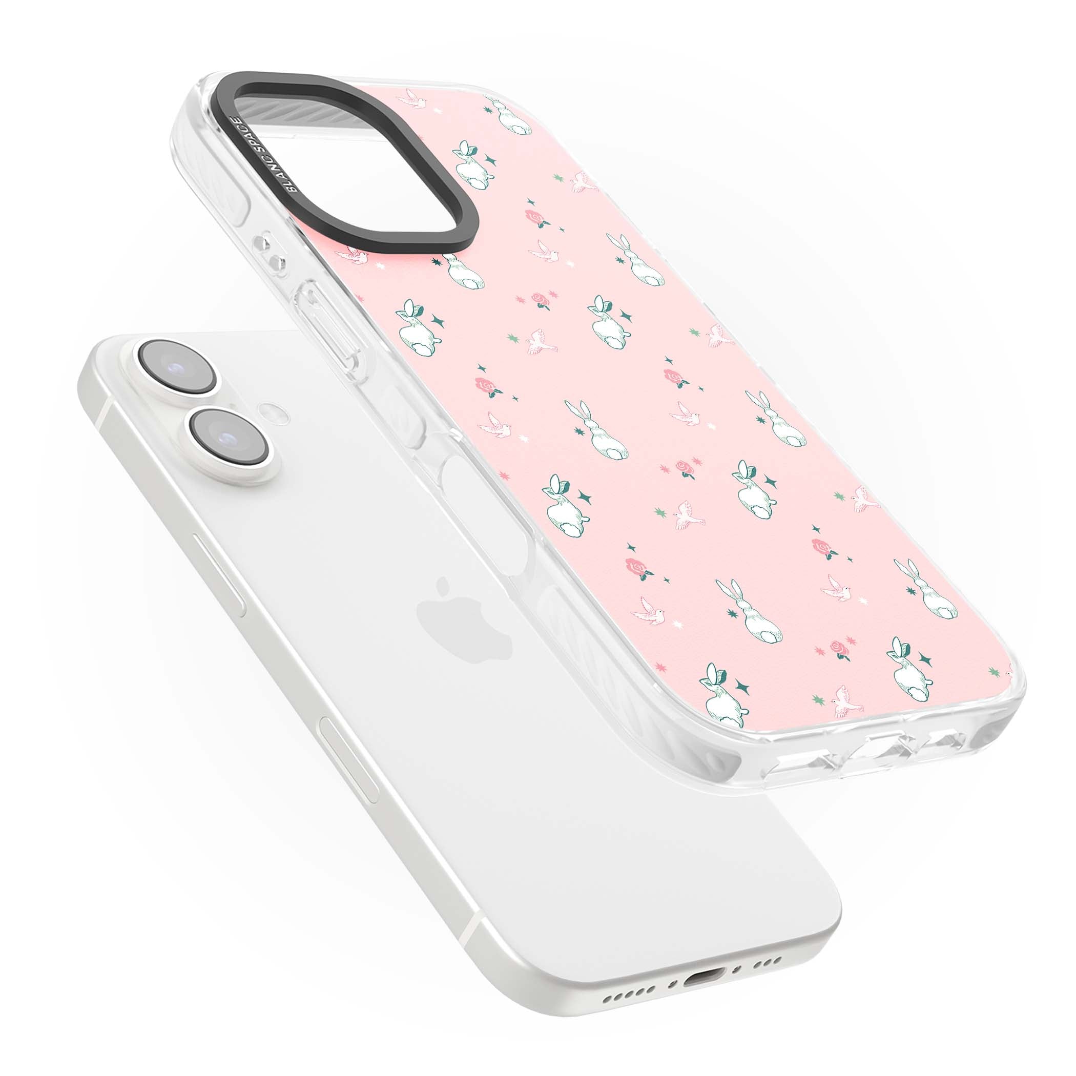 Bunny Garden kawaii iPhone case featuring white rabbits, pink roses, doves and stars on pink background | Impact Magsafe case for iPhone 16, iPhone 16 Plus