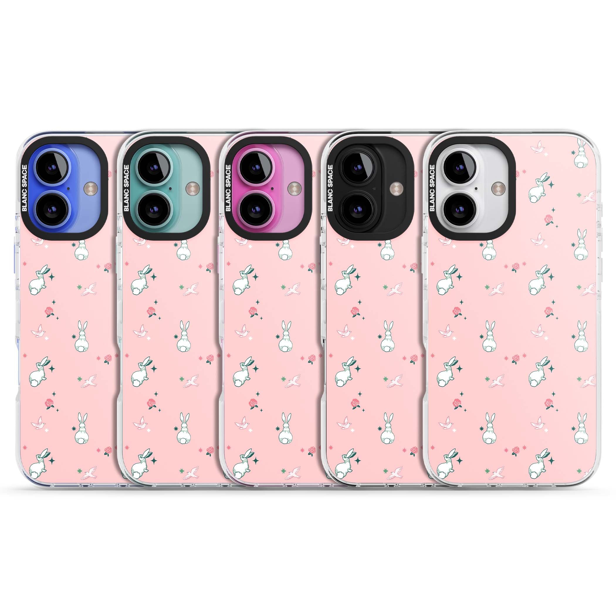 Bunny Garden kawaii iPhone case featuring white rabbits, pink roses, doves and stars on pink background | Impact Magsafe case for iPhone 16, iPhone 16 Plus