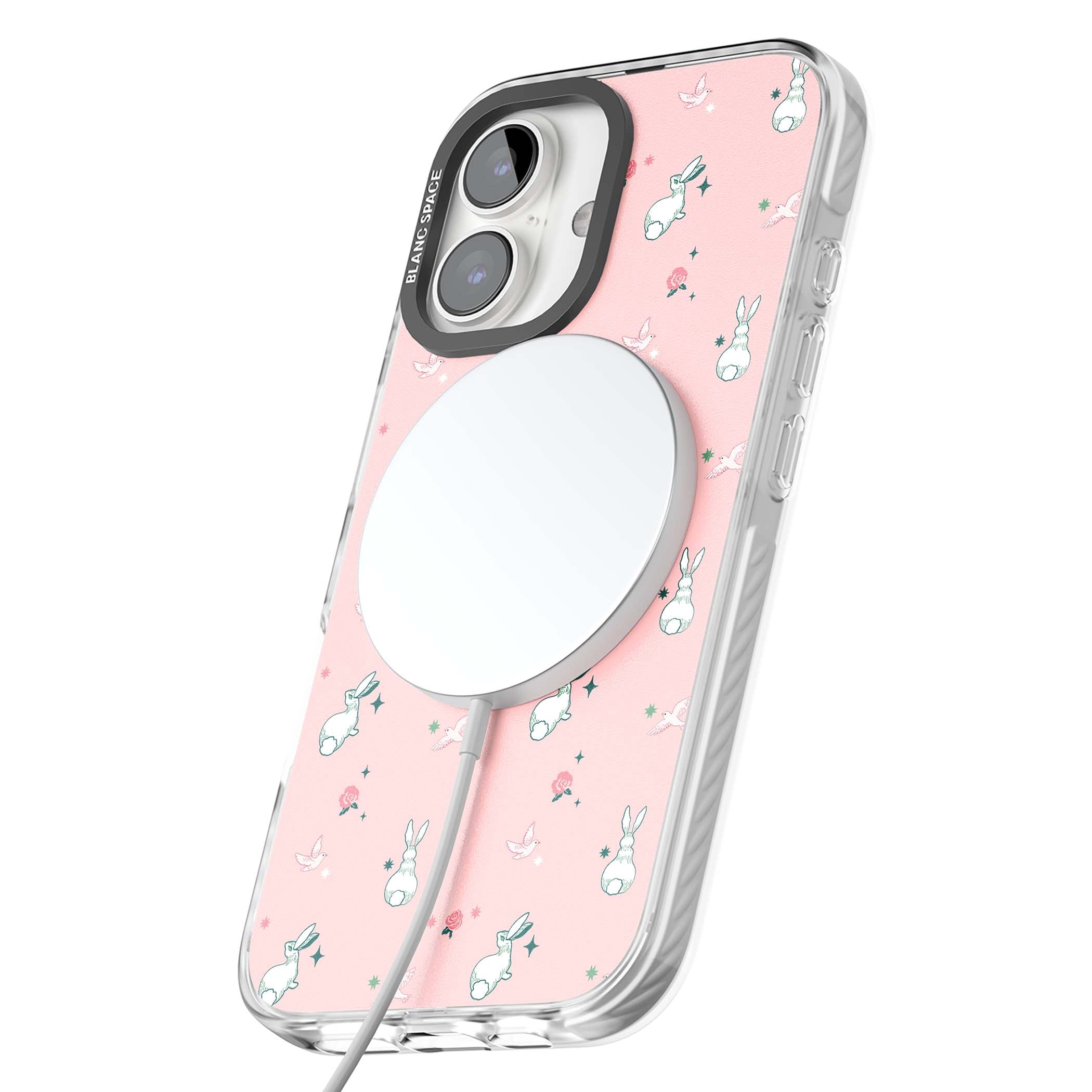 Bunny Garden kawaii iPhone case featuring white rabbits, pink roses, doves and stars on pink background | Impact Magsafe case for iPhone 16, iPhone 16 Plus
