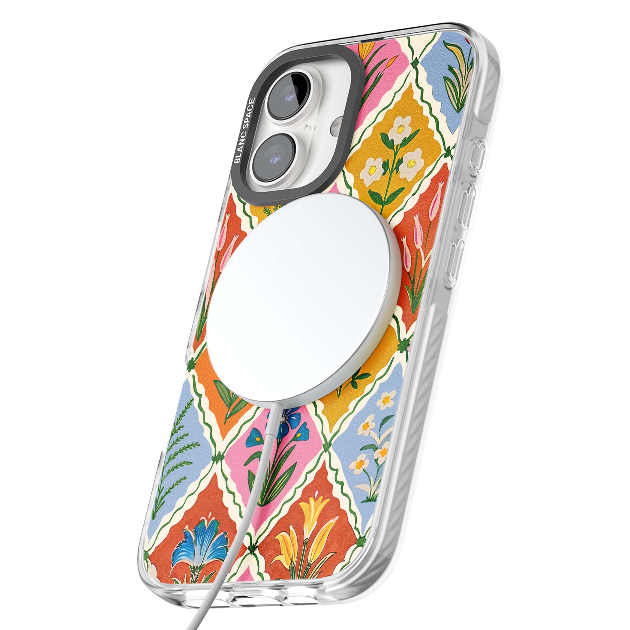 Floral Quilt boho floral iPhone case featuring diamond lattice pattern, hand-painted tulips and folk art wildflowers | Impact Magsafe case for iPhone 16, iPhone 16 Plus
