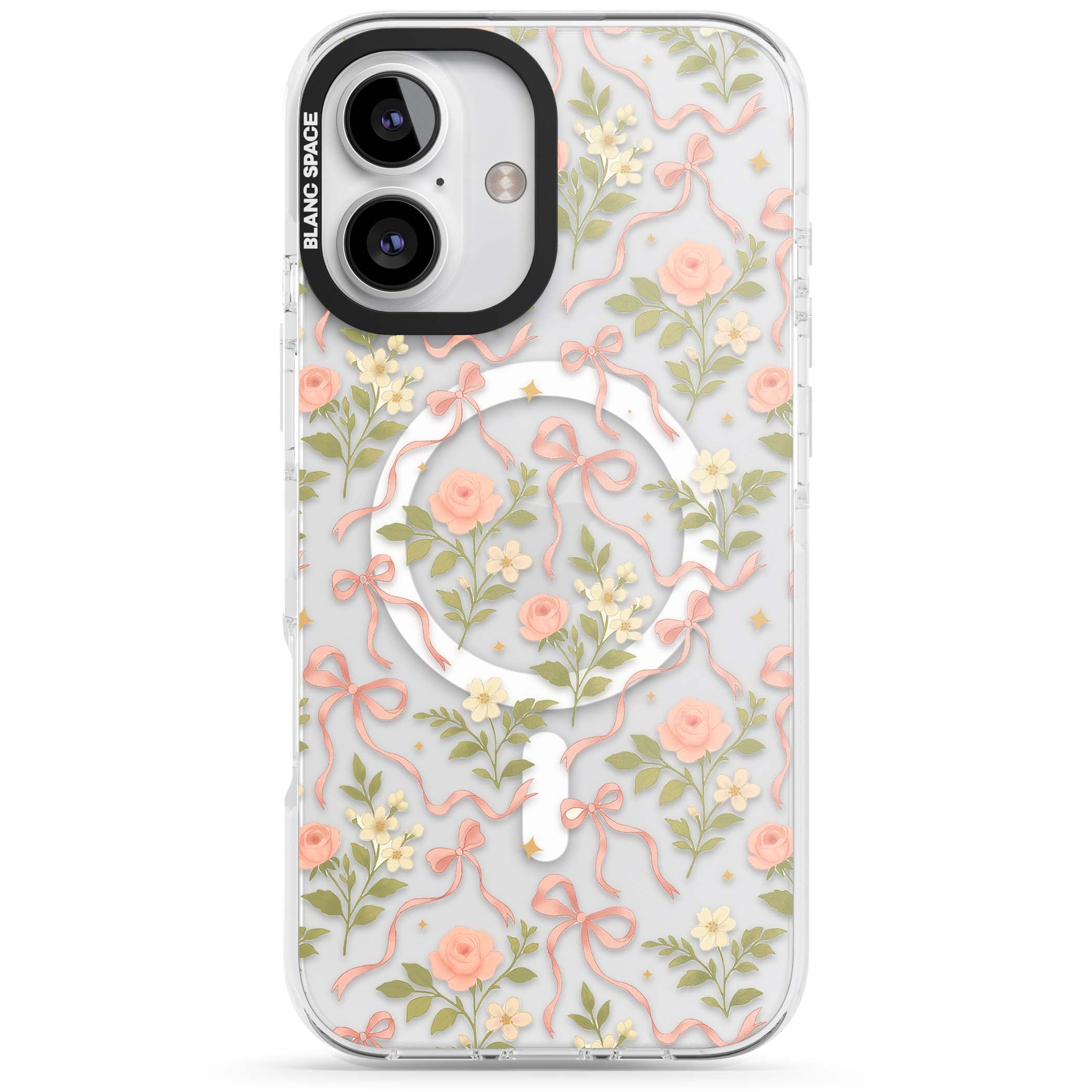 Ribbon Garden coquette iPhone case featuring pink bows, peach roses and wildflowers on white background | Impact Magsafe case for iPhone 16, iPhone 16 Plus